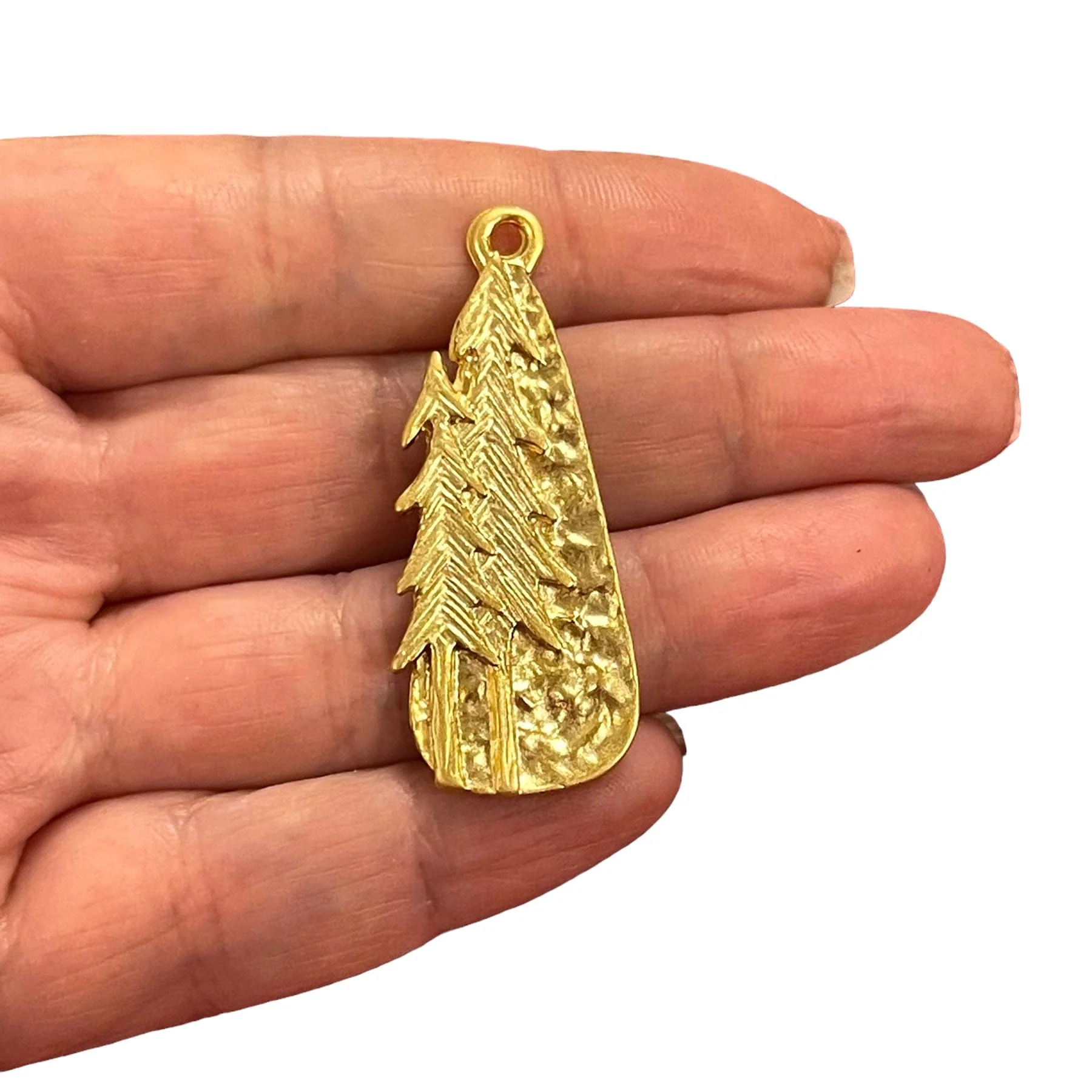24Kt Matte Gold Plated Pine Tree Charm, Trees Gold Charm