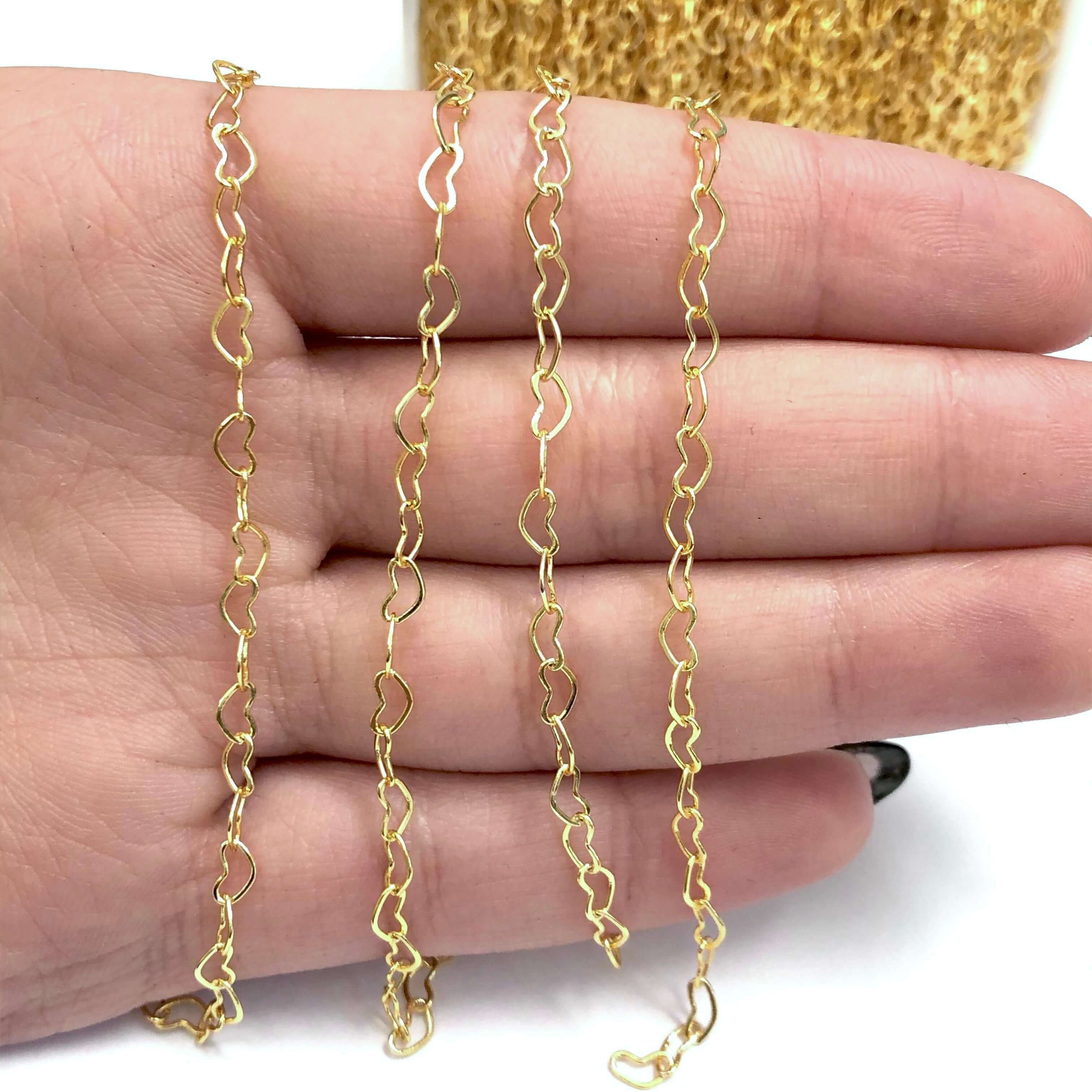 24Kt Shiny Gold Plated Brass Heart Chain, 5x3 mm Gold Plated Heart Chain,
