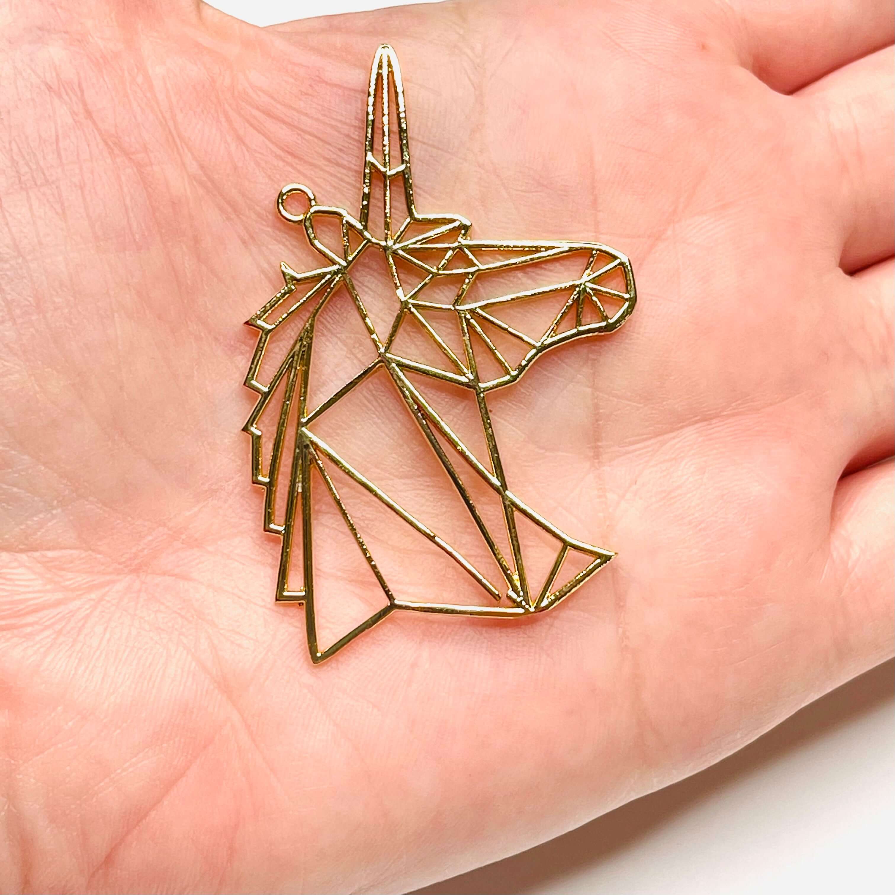 24Kt Shiny Gold Plated Brass Origami Unicorn Pendant, Unicorn Necklace Charms, - Image 2