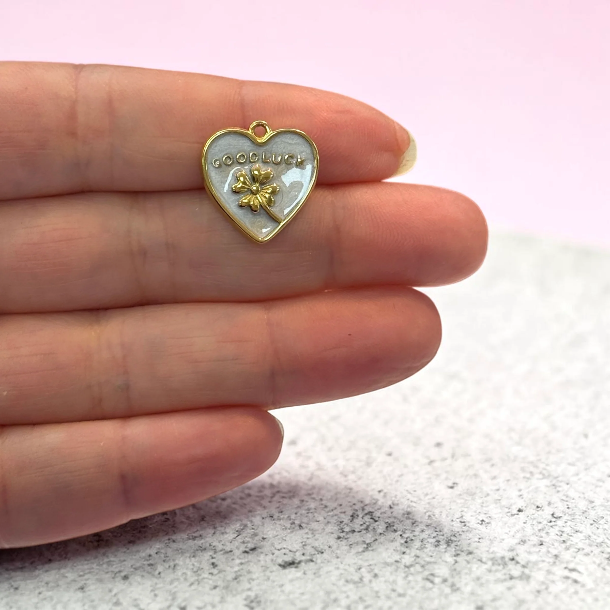 316L Stainless Steel Gold Enamel Heart Charm – Good Luck Clover Pendant, Waterproof Lucky Charm 17x15mm, Jewellery Making Supplies