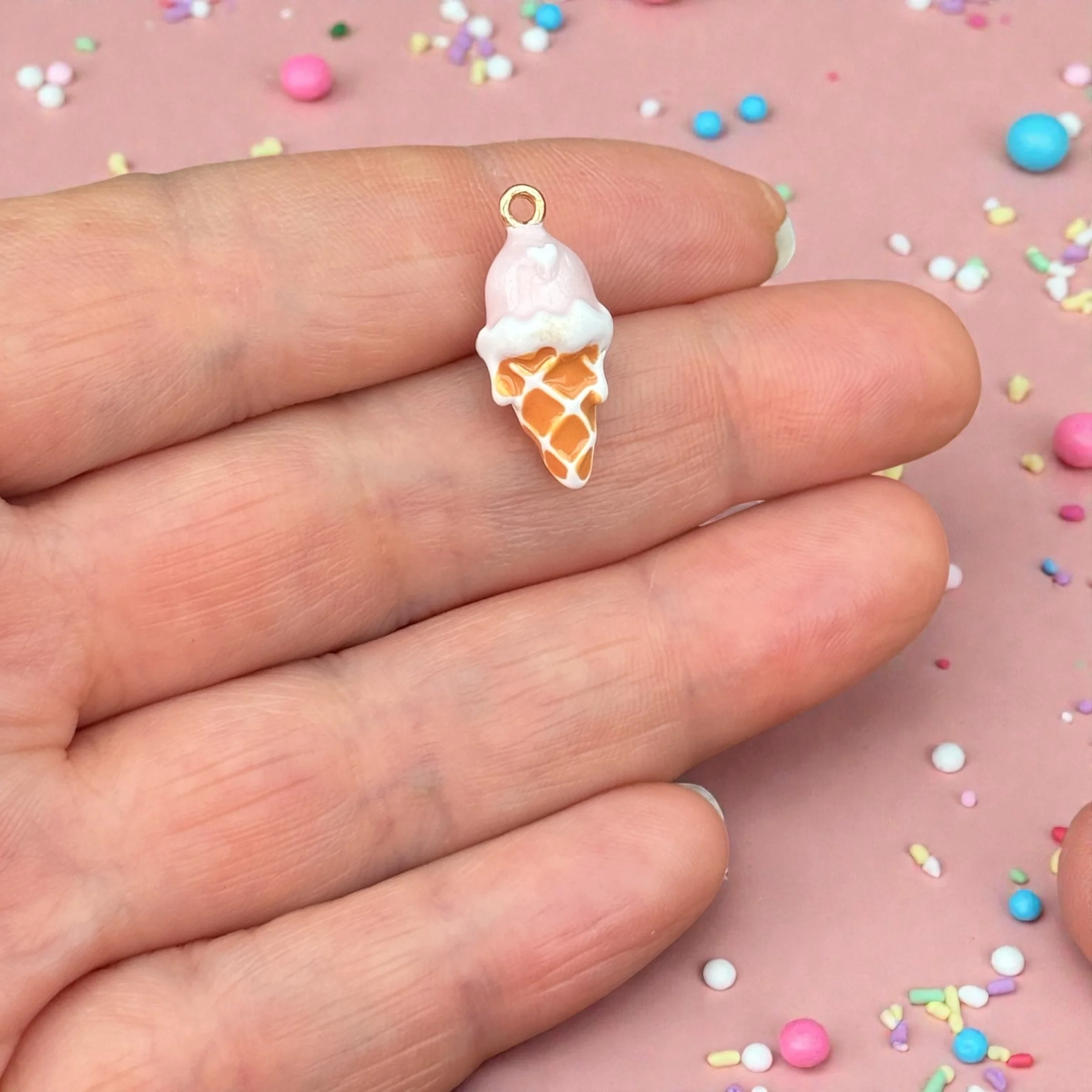 3D Strawberry Ice Cream Cone Charm – Pink Enamel Ice Cream Pendant, Gold Plated