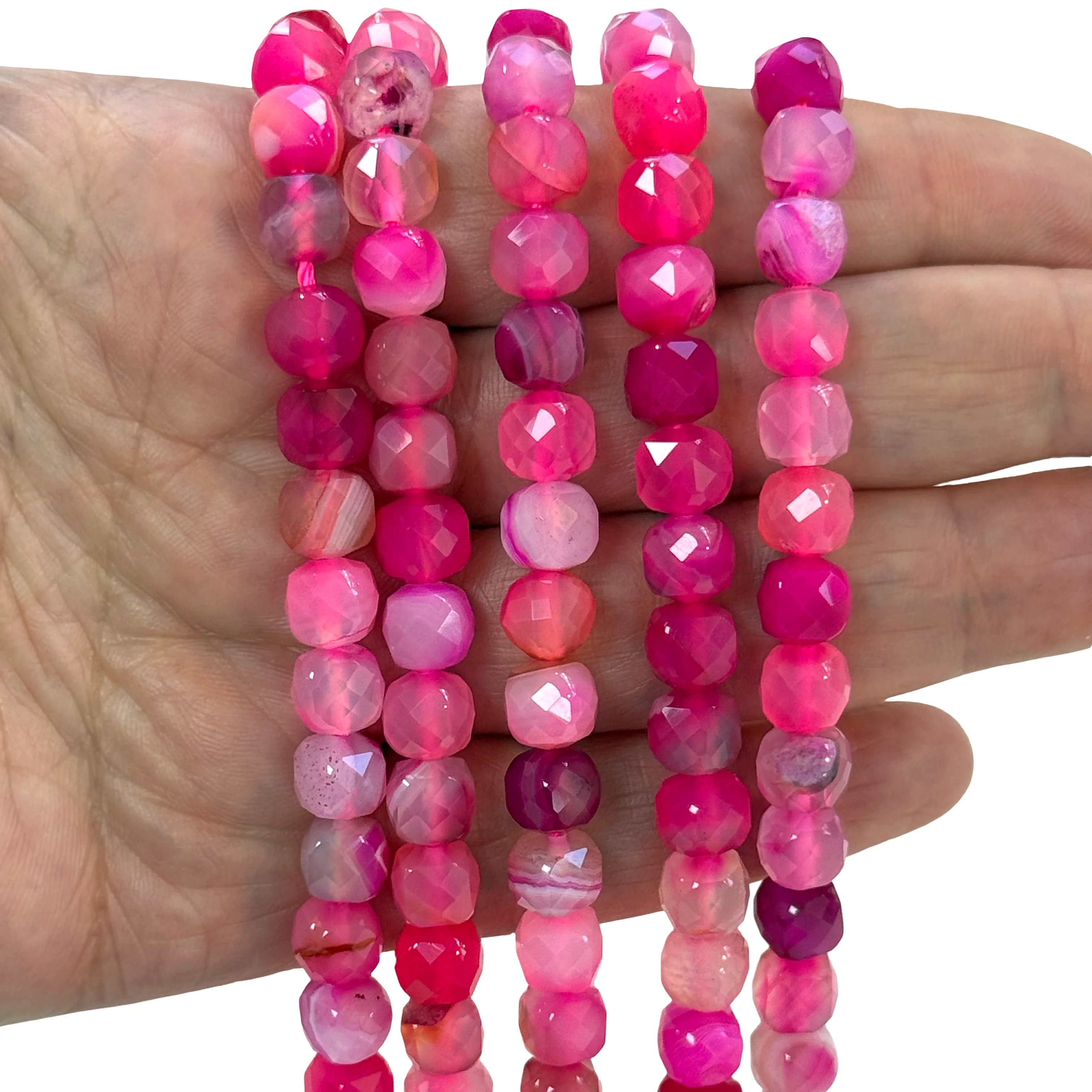 A Grade Faceted Pink Agate Cube Beads – 8mm, 33.5cm Strand (~47 Beads)