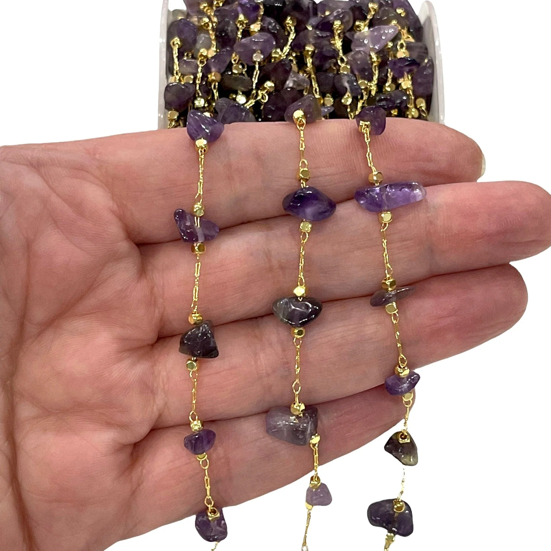 Amethyst Rosary Chain, 24Kt Gold Plated Gemstone Chain,