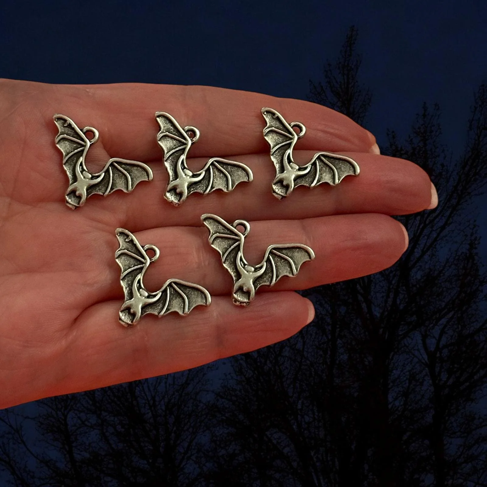 Antique Silver Plated Bat Charms, Halloween Collection, 5 pcs in a pack