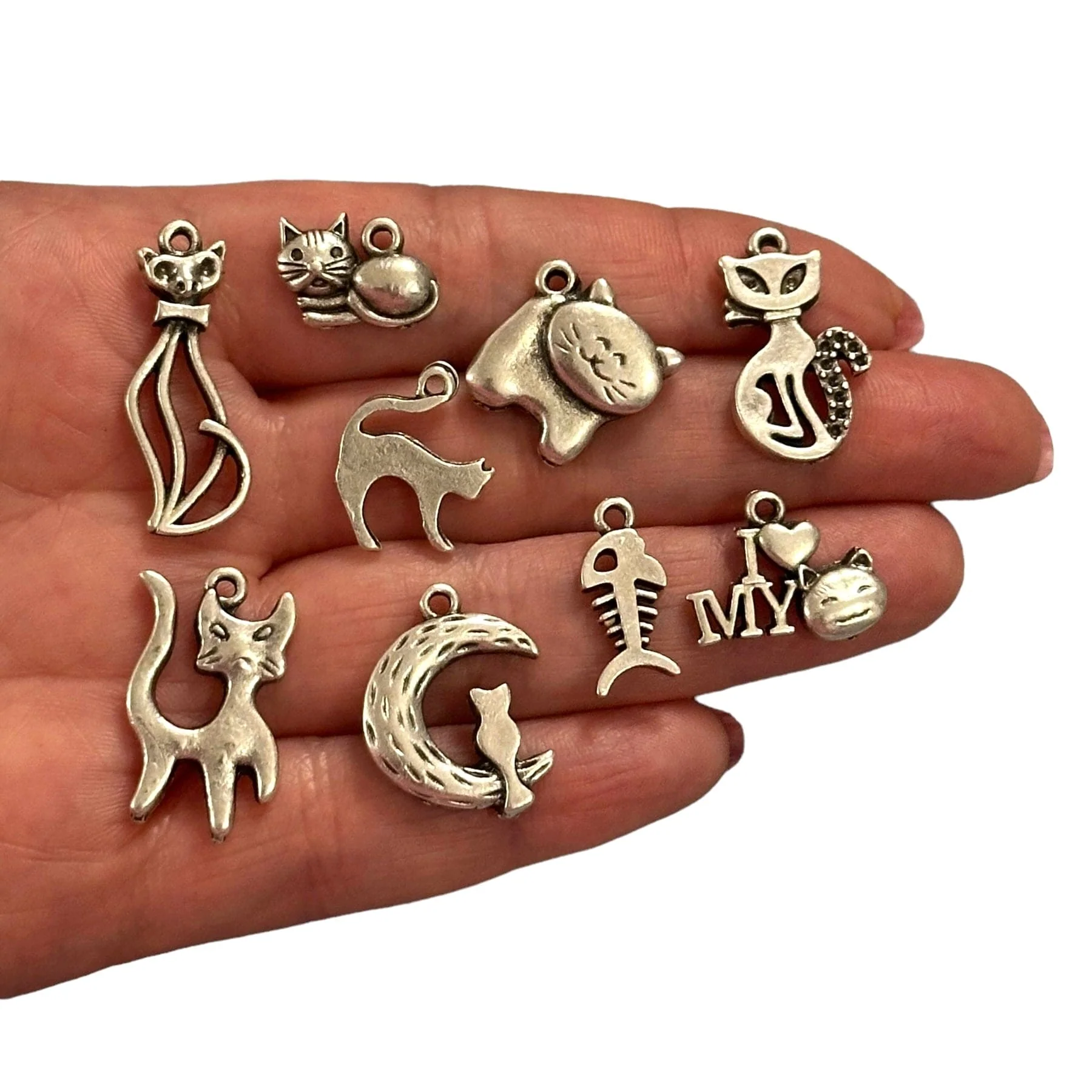 Antique Silver Plated Cat Charms Collection, 9 Charms in a pack - Image 2