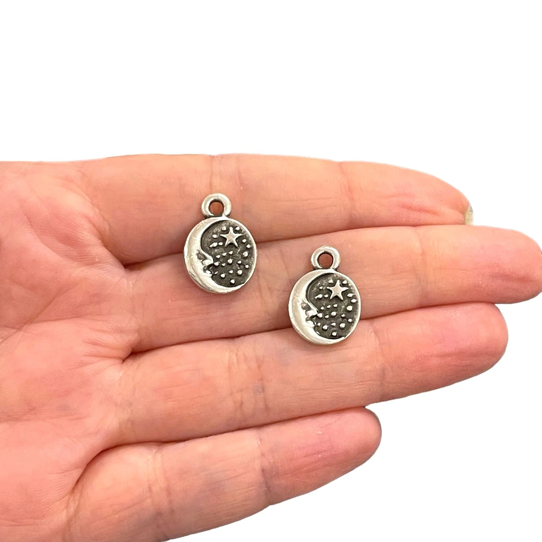 Antique Silver Plated Moon&Star Charms, 2 pcs in a pack