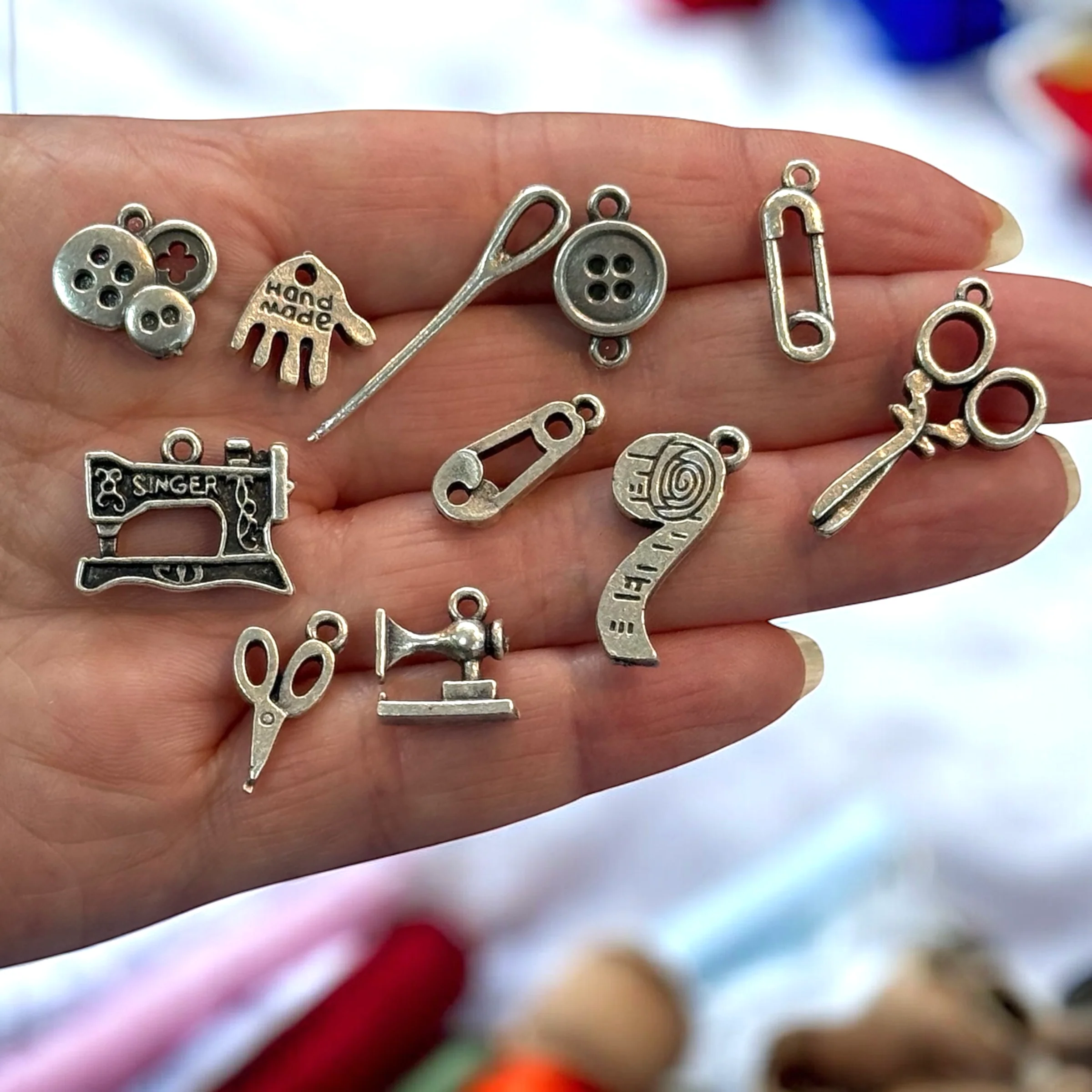 Antique Silver Plated Sewing Charms Collection, 11 Charms in a pack