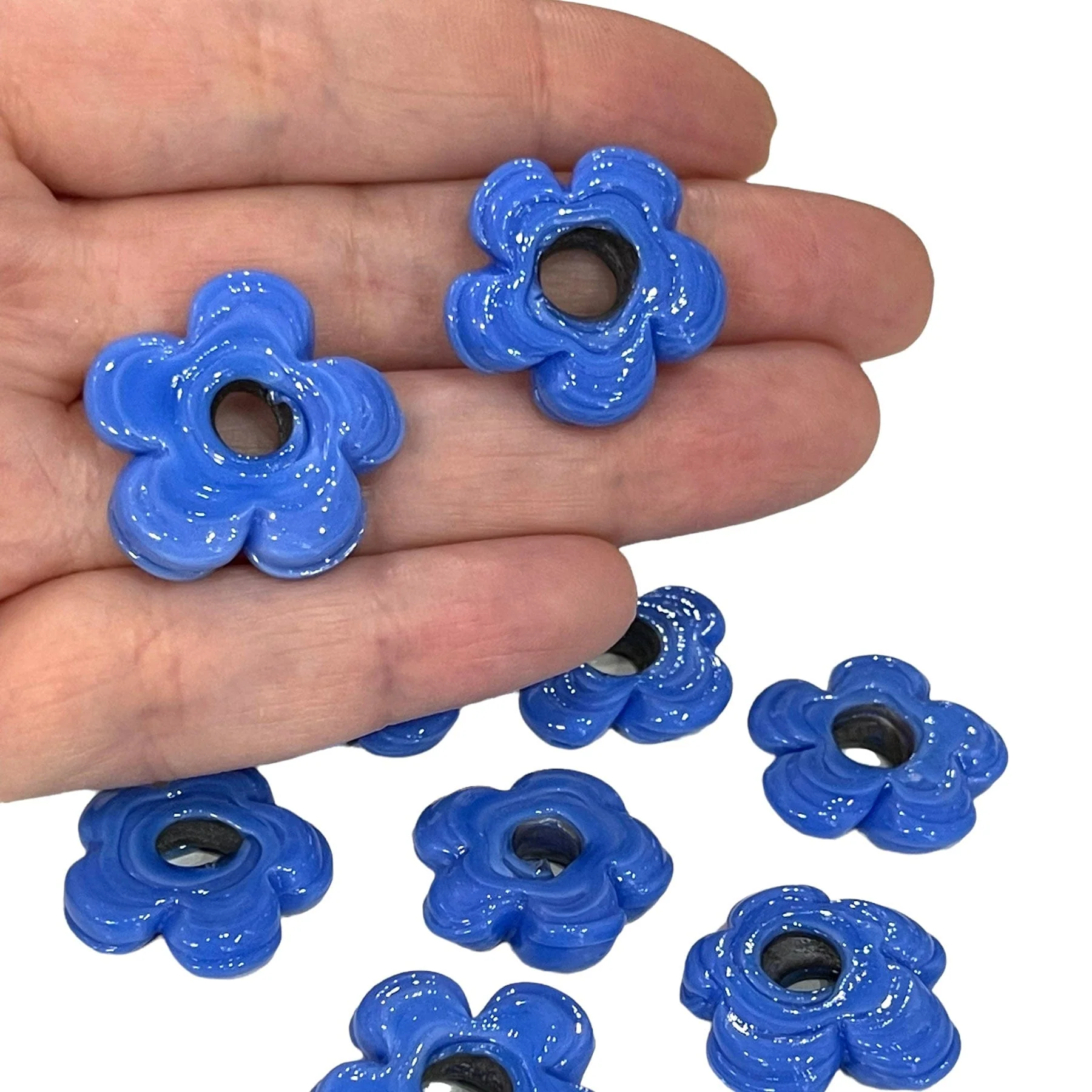 Artisan Handmade Chunky Agate Blue Glass Flower Beads, Size Between 20 - 25mm, 2 pcs in a pack - Image 2
