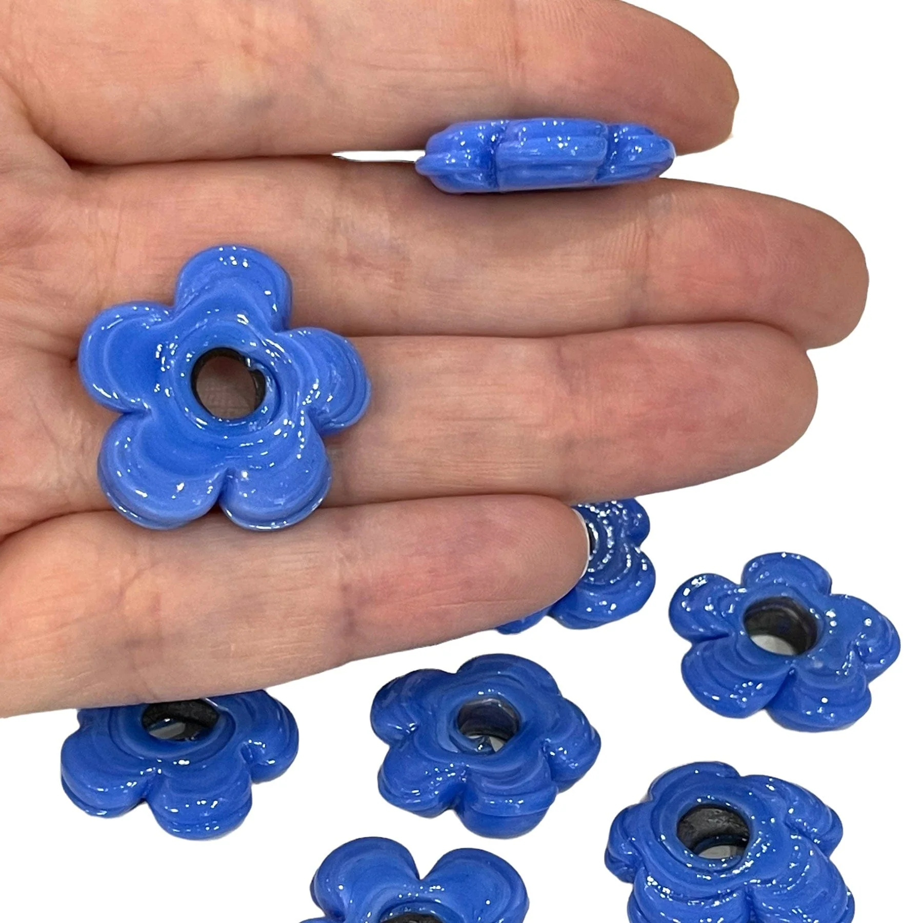 Artisan Handmade Chunky Agate Blue Glass Flower Beads, Size Between 20 - 25mm, 2 pcs in a pack - Image 3