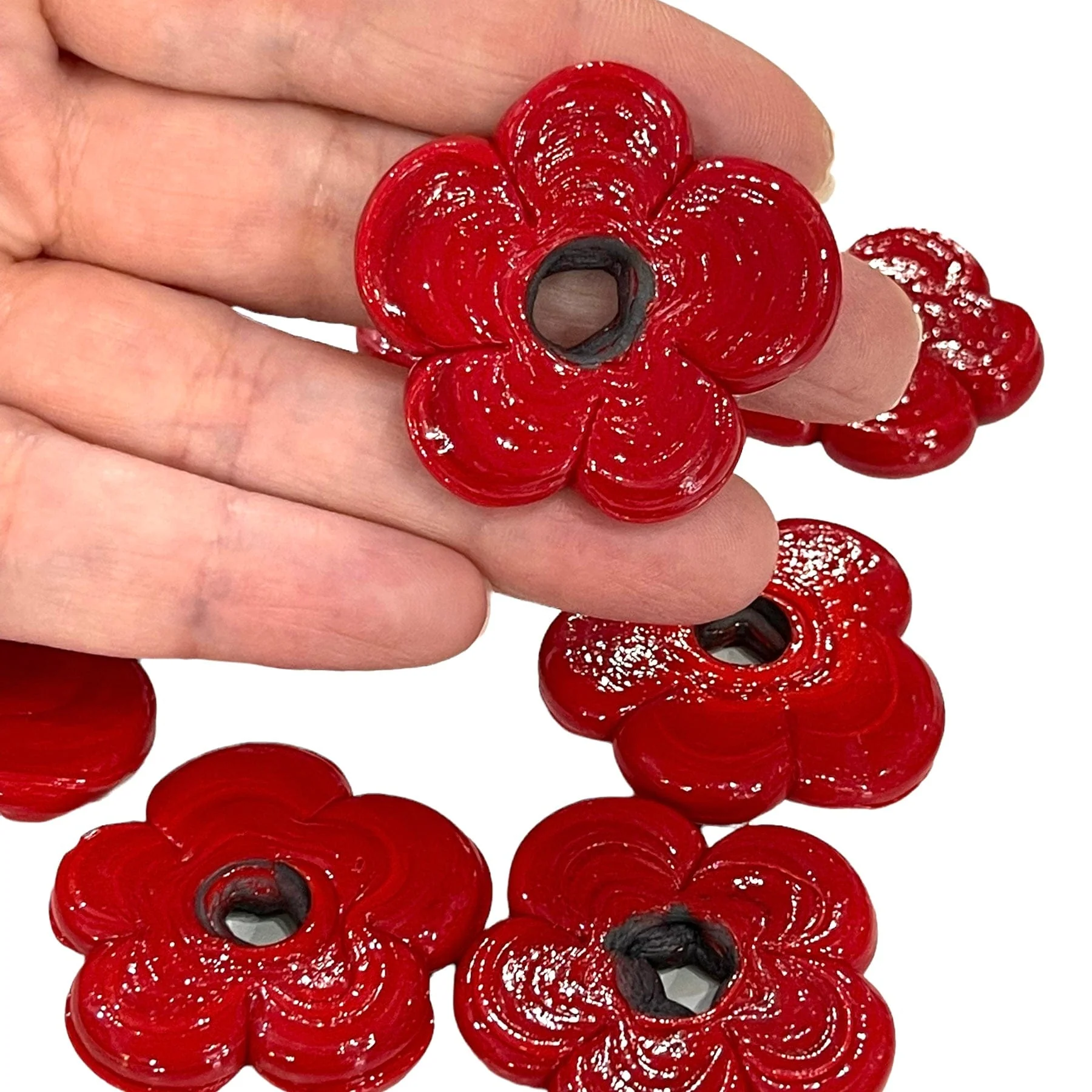 Artisan Handmade Chunky Red Glass Flower Beads, Size Between 35 - 40mm, 2 pcs in a pack