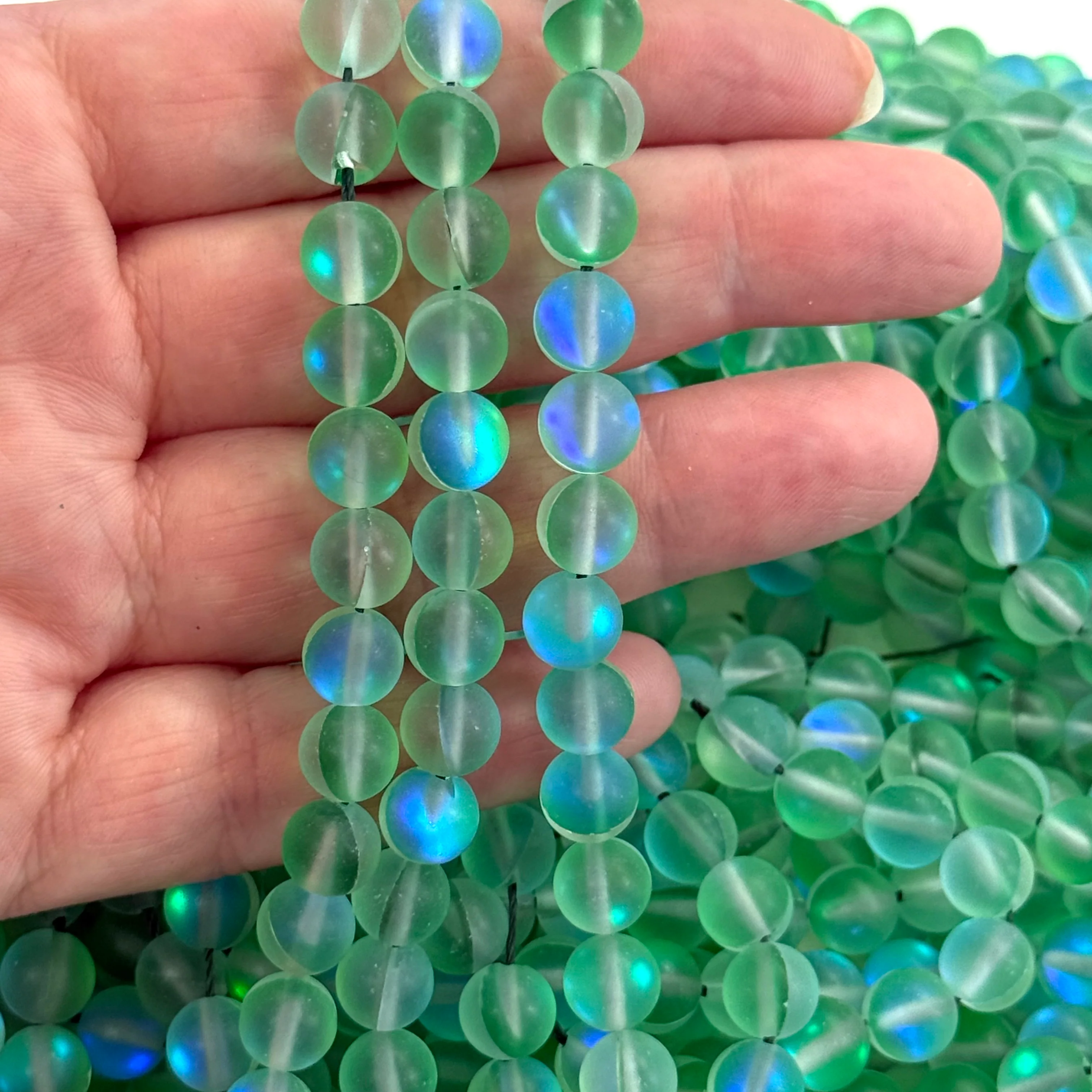 Aurora Borealis Frosted Seafoam Green Mermaid Beads – Iridescent Frosted Hydrothermal Quartz Round Beads 8mm, Approx 47 Beads per Strand