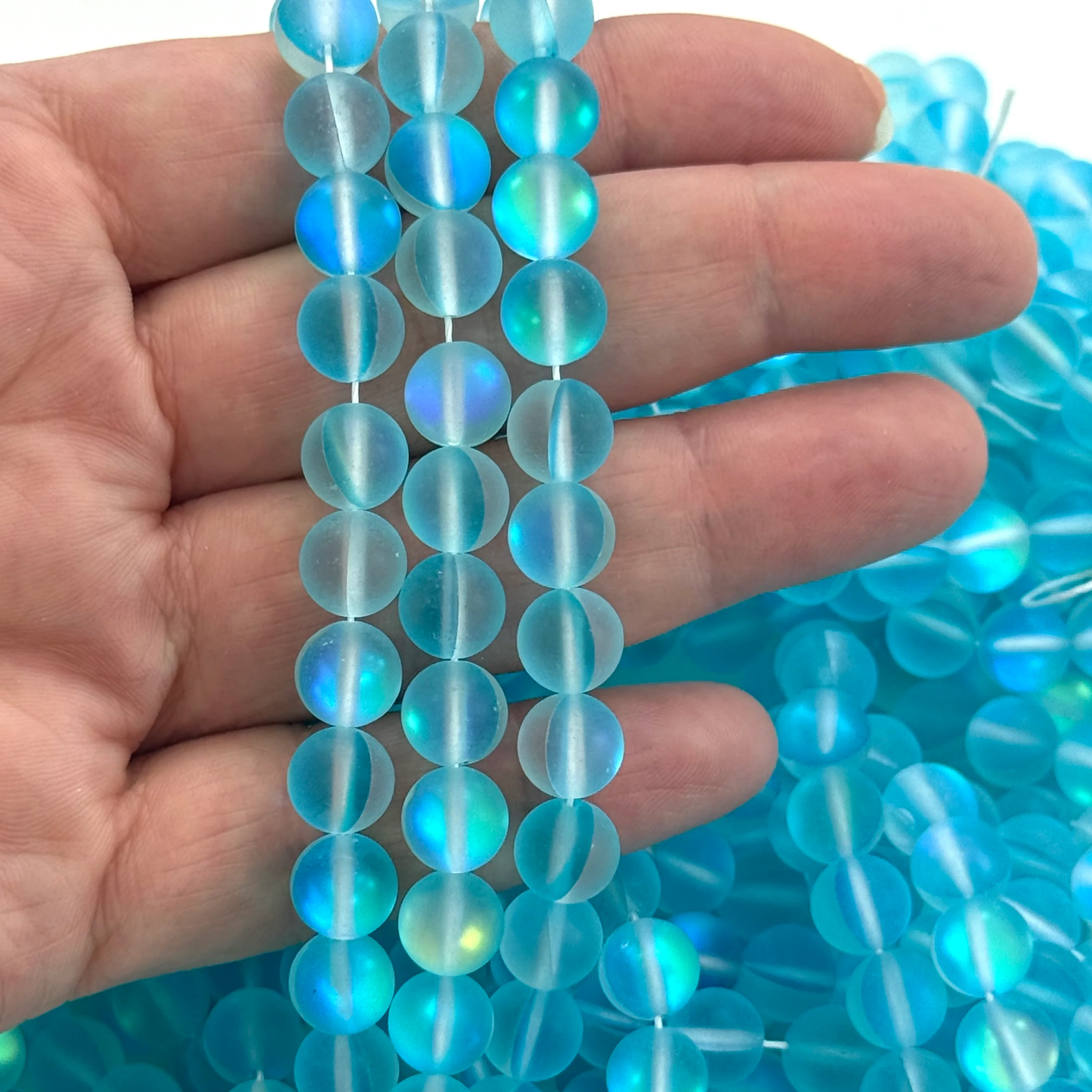 Aurora Borealis Frosted Turquoise Blue Mermaid Beads – Iridescent Frosted Hydrothermal Quartz Round Beads 8mm, Approx 47 Beads per Strand