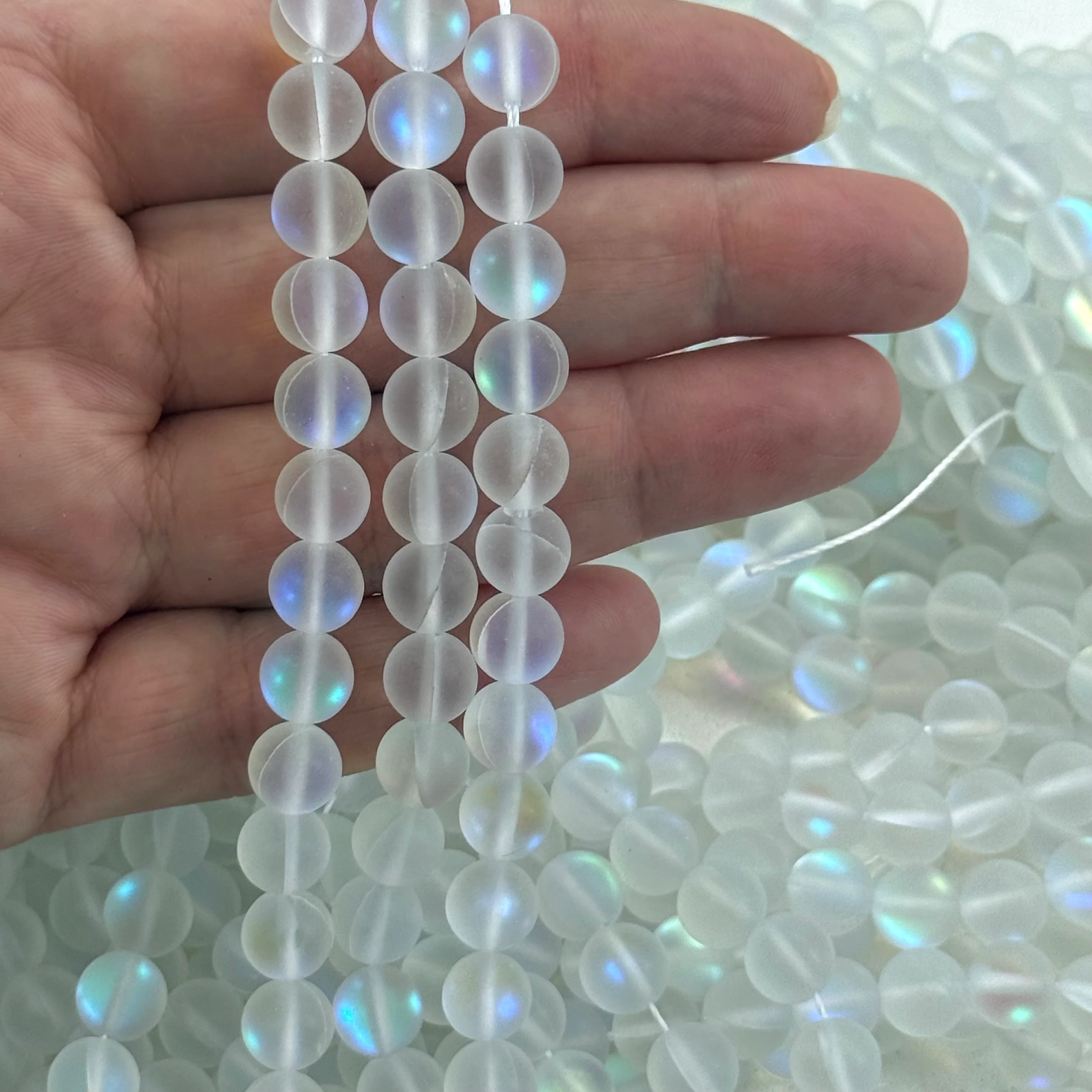 Aurora Borealis Frosted White Mermaid Beads – Iridescent Frosted Hydrothermal Quartz Round Beads 8mm, Approx 47 Beads per Strand