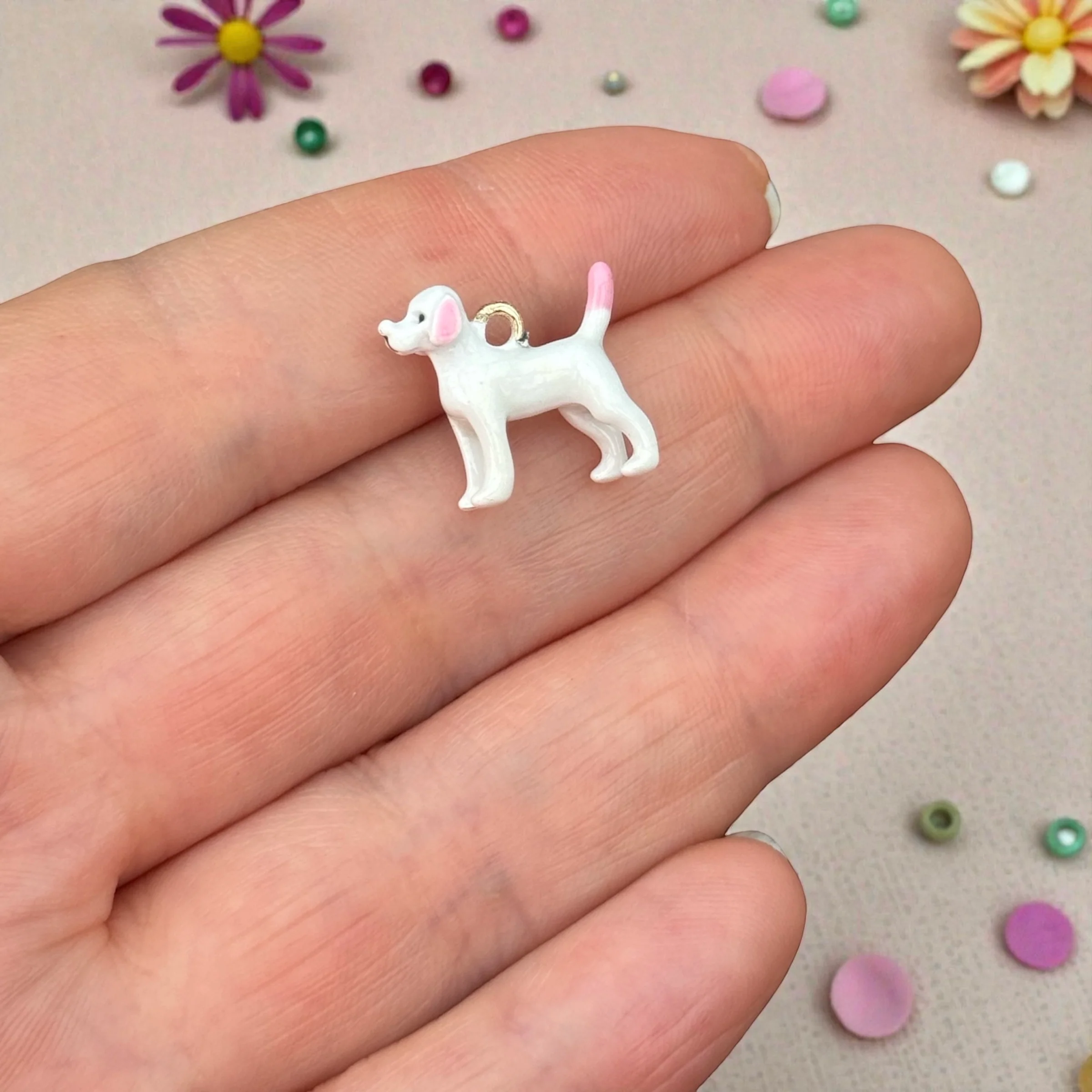 Cute White Dog Charm Pendant β Enamel Puppy Charm with Pink Tail, 3D Animal Pendant