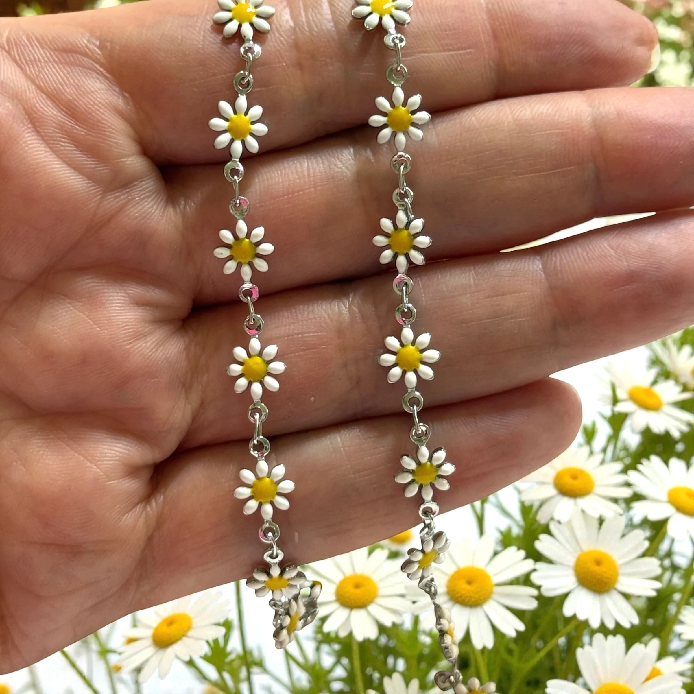 Double-Sided Enamel Daisy Chain – Rhodium Plated Brass White & Yellow Flower Chain, Sold by the Meter