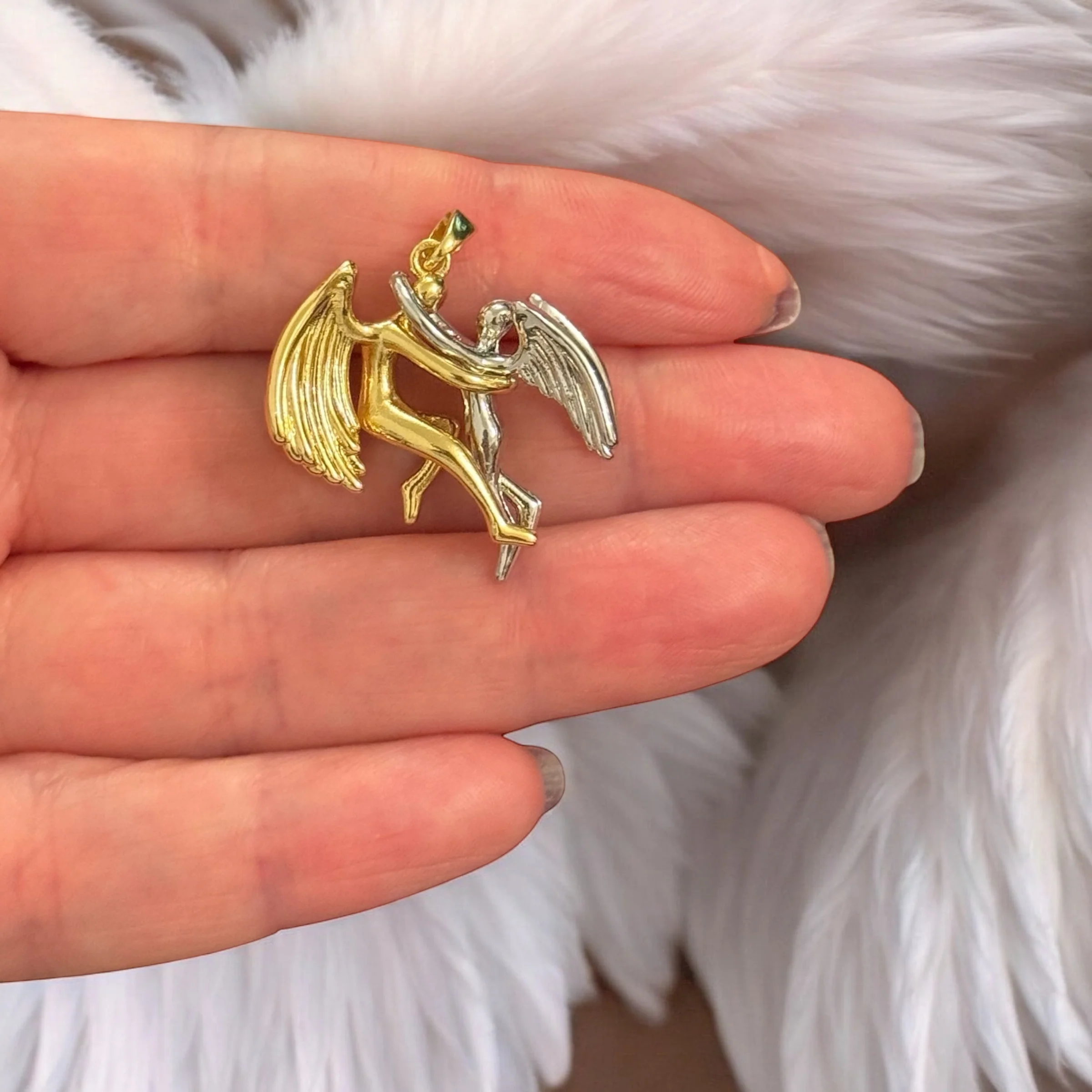 Eternal Love Angels Pendant – Two-Tone Gold & Rhodium Embracing Angel Couple