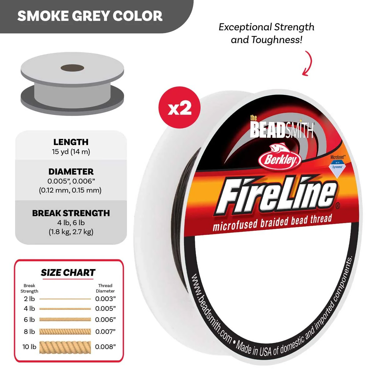 FIRELINE Smoke Grey Beading Thread – 4LB & 6LB, 15 Yards per Spool (2-Pack) - Image 2