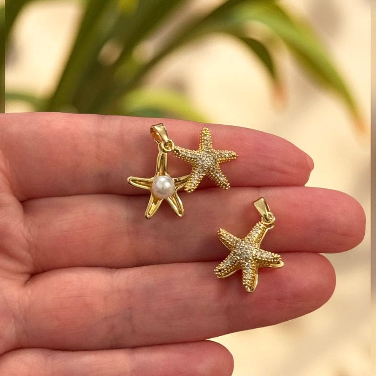 Gold Starfish Duo Pendant – 24Kt Gold Plated Starfish Charm with CZ and Pearl