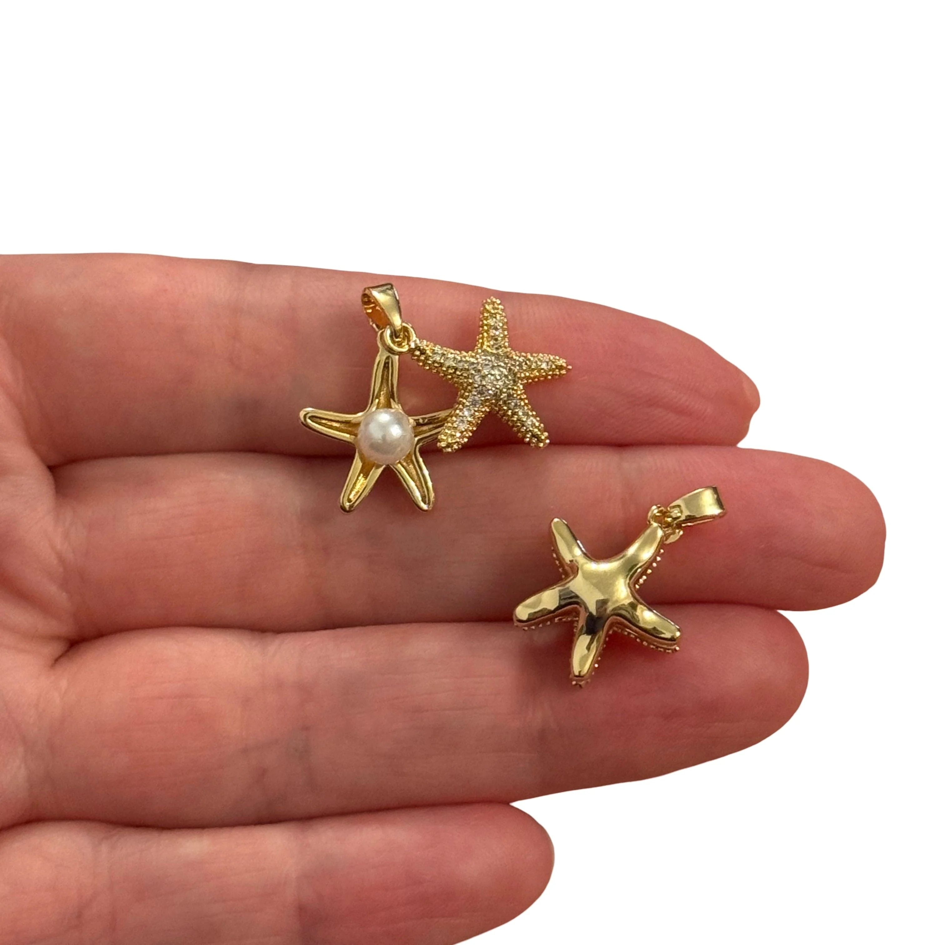 Gold Starfish Duo Pendant – 24Kt Gold Plated Starfish Charm with CZ and Pearl - Image 2