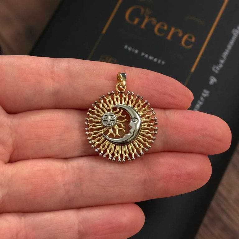 Gold Sun & Moon Face Pendant – 24Kt Gold Plated Celestial Brass Charm,