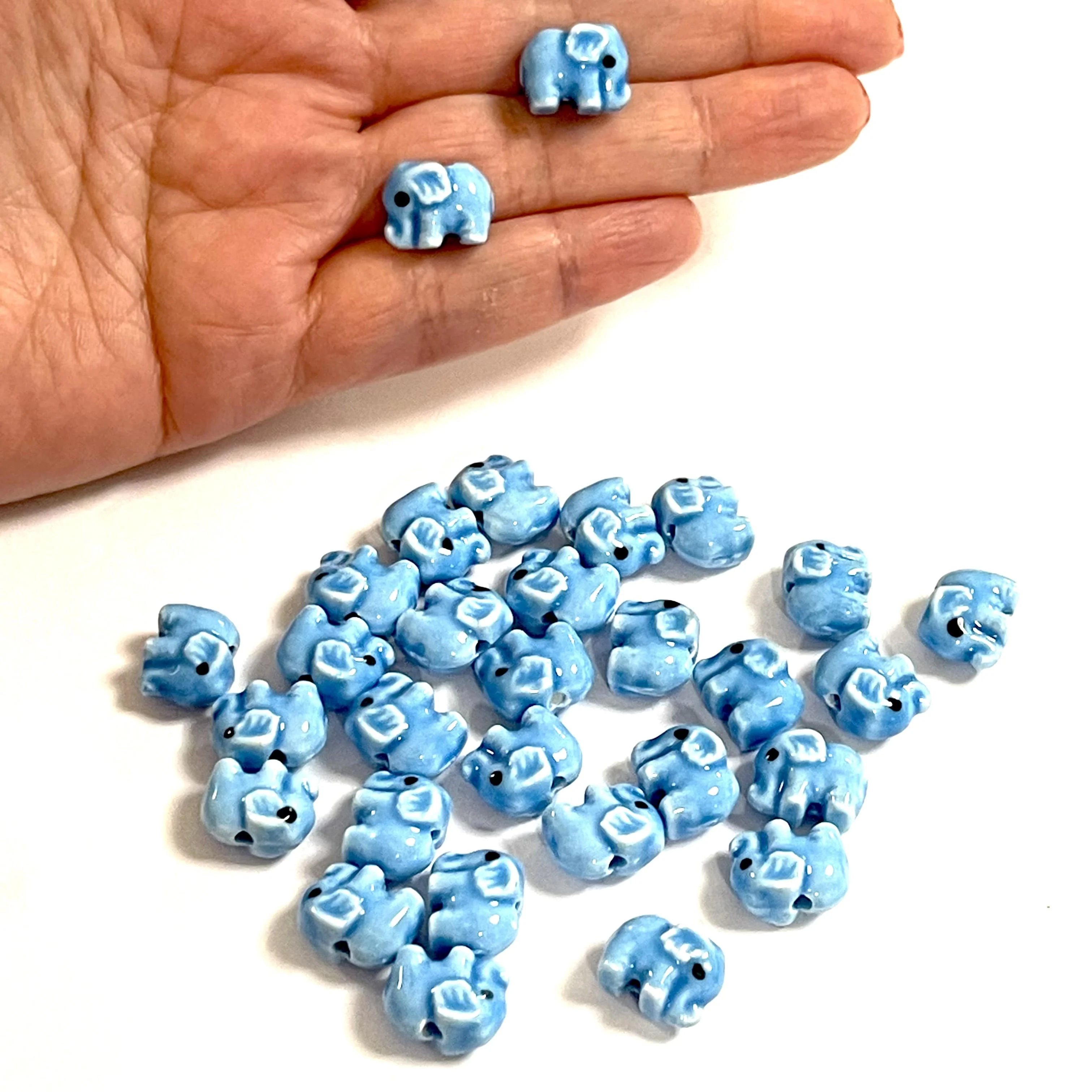 Hand Made Ceramic Blue Elephant Charms, 3 pcs in a pack