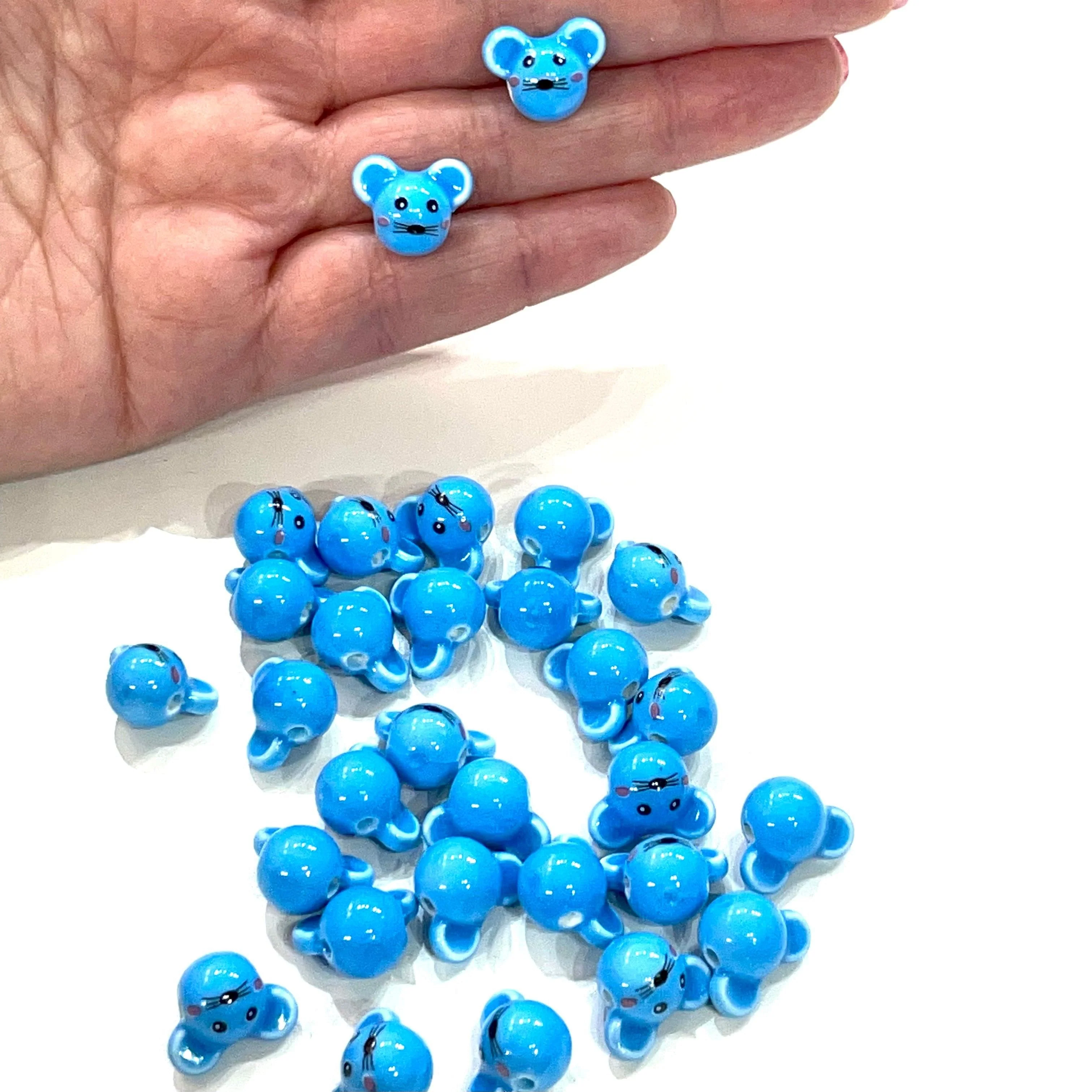 Hand Made Ceramic Blue Funny Mouse Charms, 5 pcs in a pack