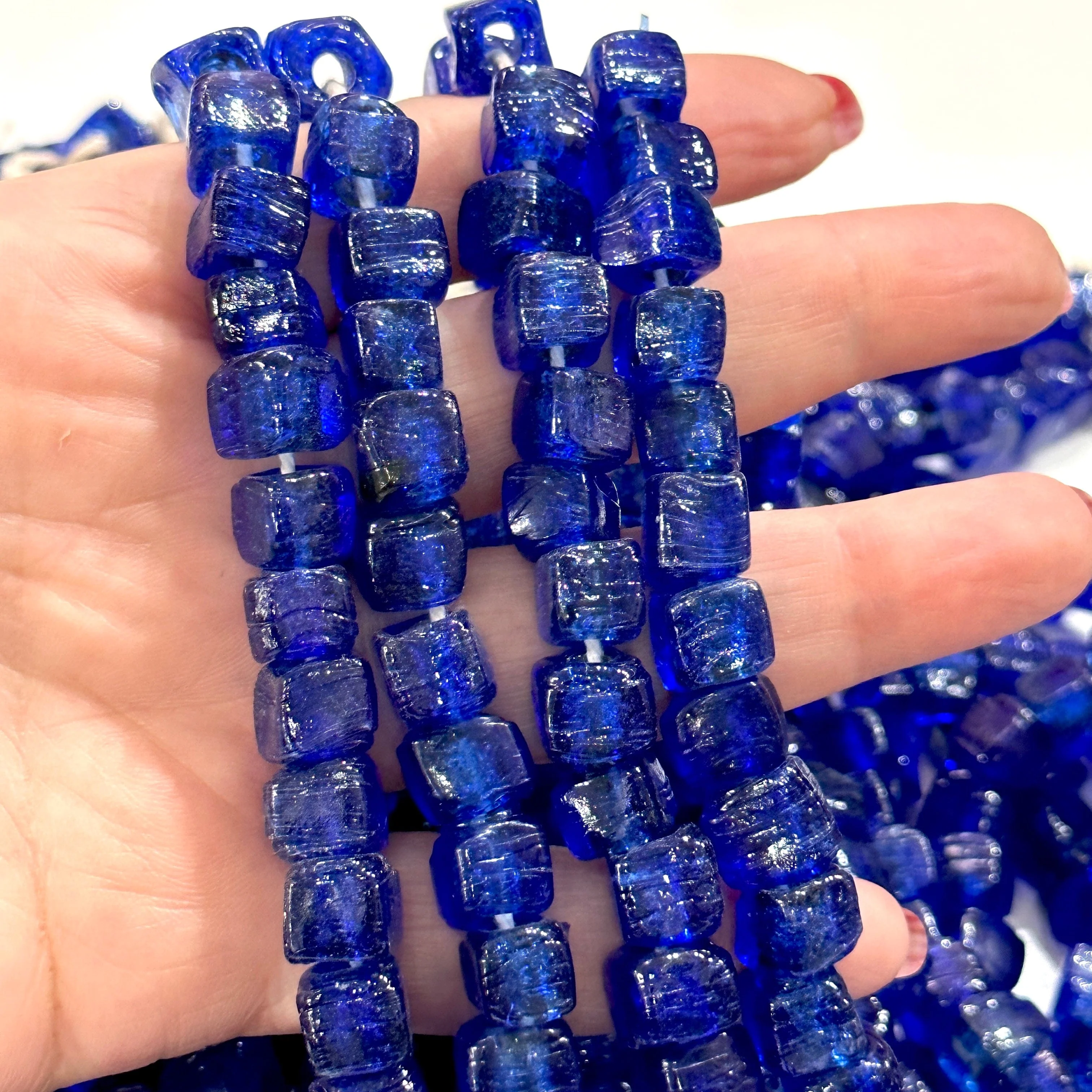 Hand Made Glass Cube Beads, Large Hole Traditional Lampwork Glass Beads, 10 Beads-NAVY - Image 3