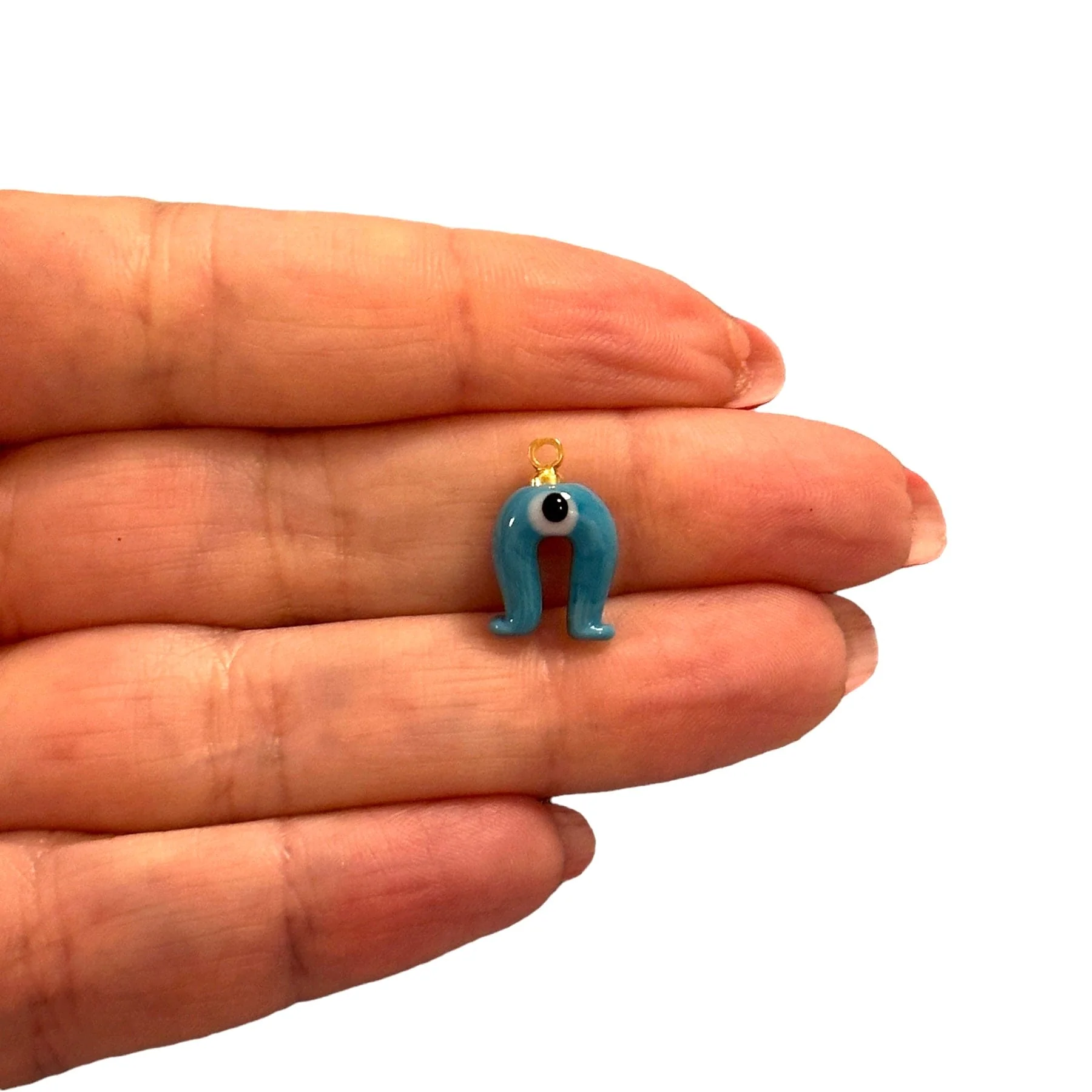 Hand Made Murano Glass Blue Horseshoe&Evil Eye Charm with 24Kt Gold Plated Pin