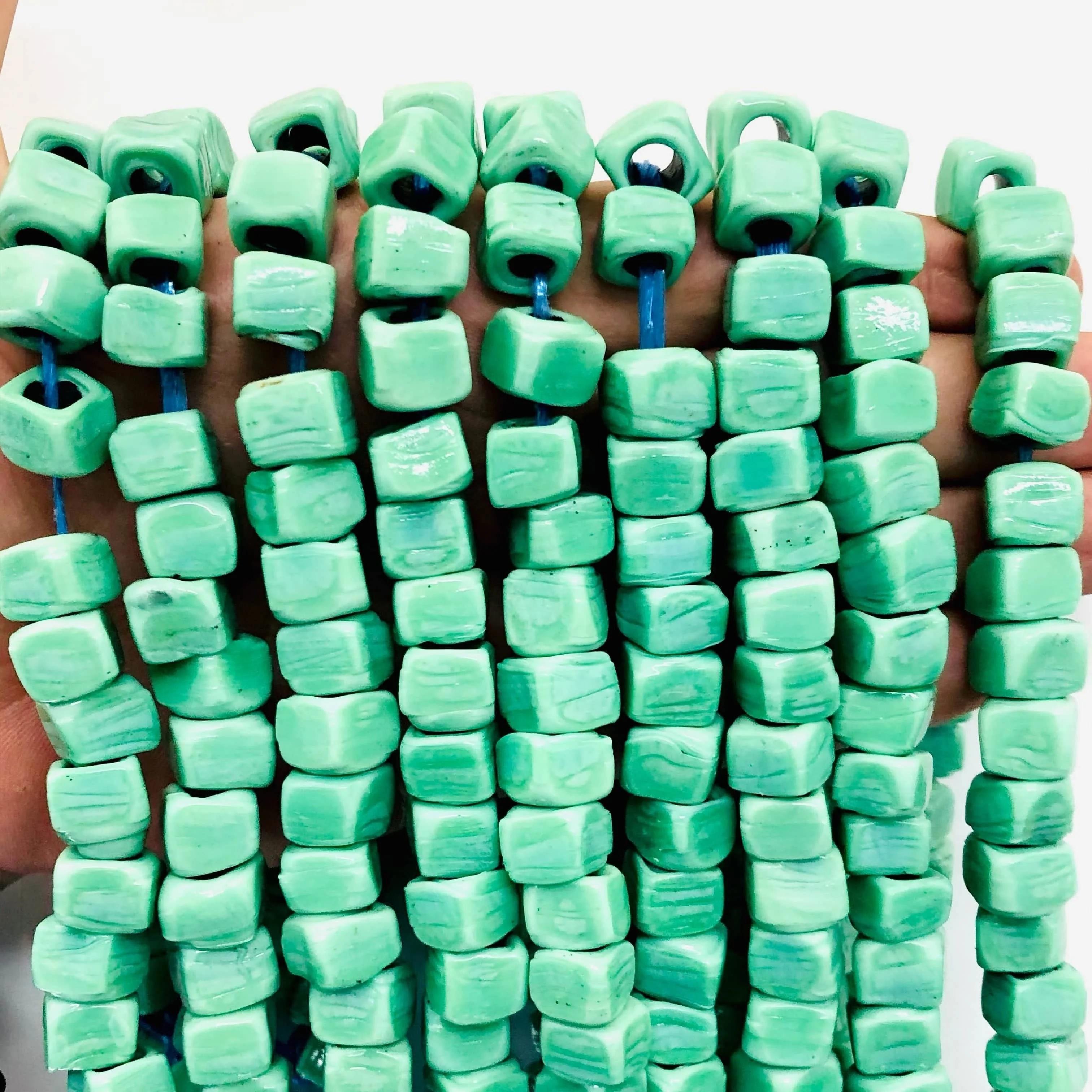 Hand Made Glass Cube Beads, Large Hole Traditional Lampwork Glass Beads, 10 Beads-MINT - Image 3