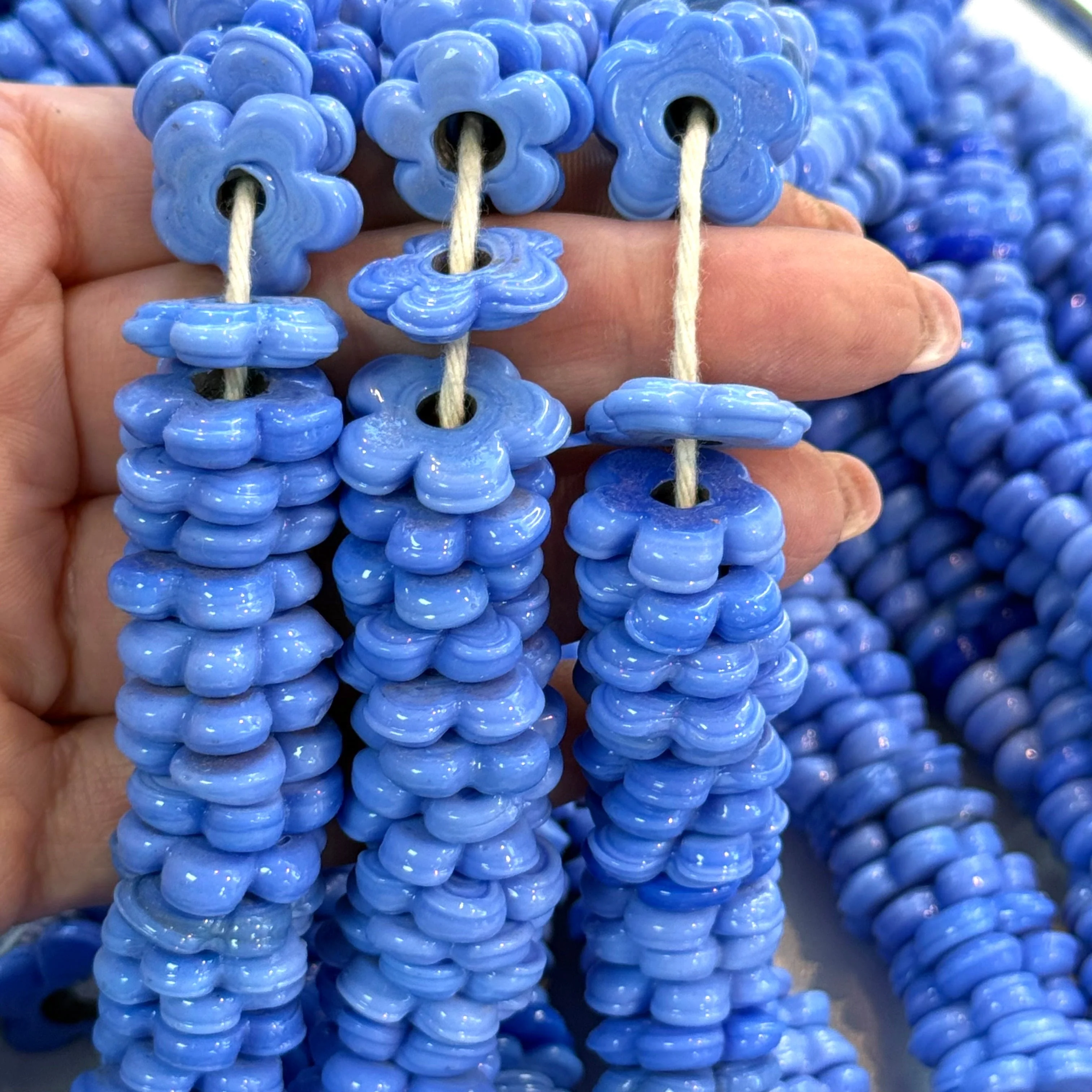 Hand Made Murano Glass Large Hole Agate Blue Flower Beads, 10 Beads in a pack