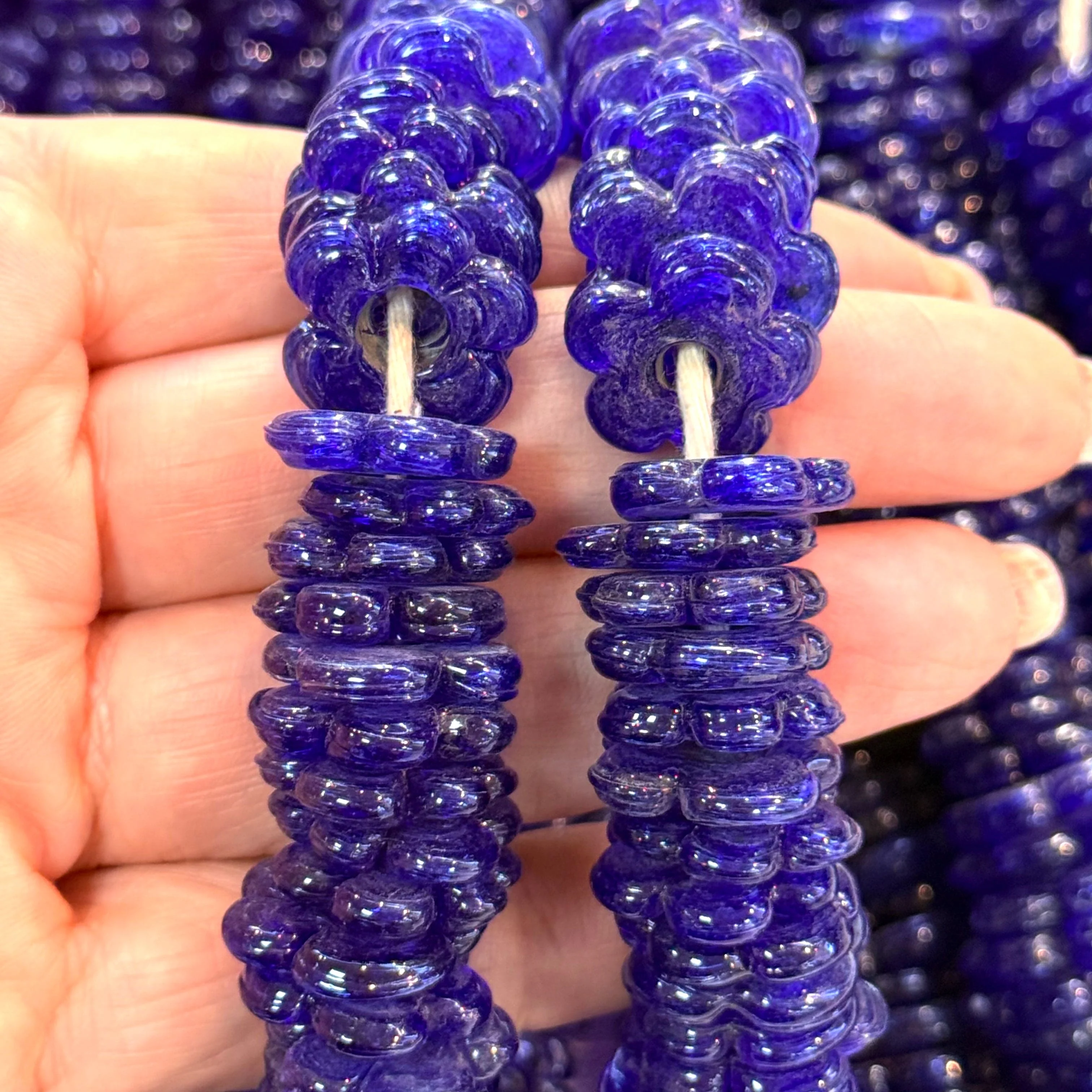 Hand Made Murano Glass Large Hole Navy Flower Beads, 50 Beads in a pack