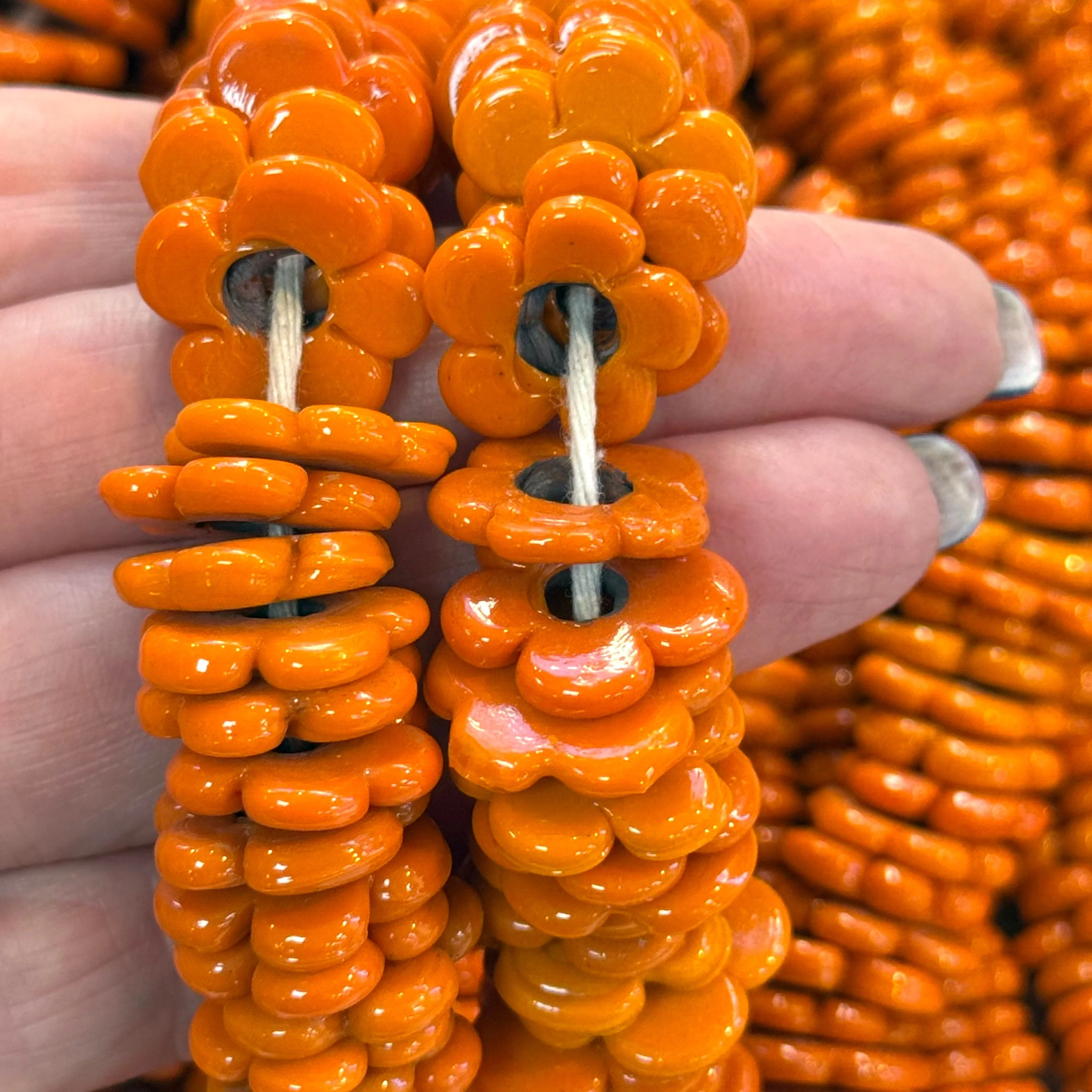 Hand Made Murano Glass Large Hole Orange Flower Beads, 50 Beads in a pack
