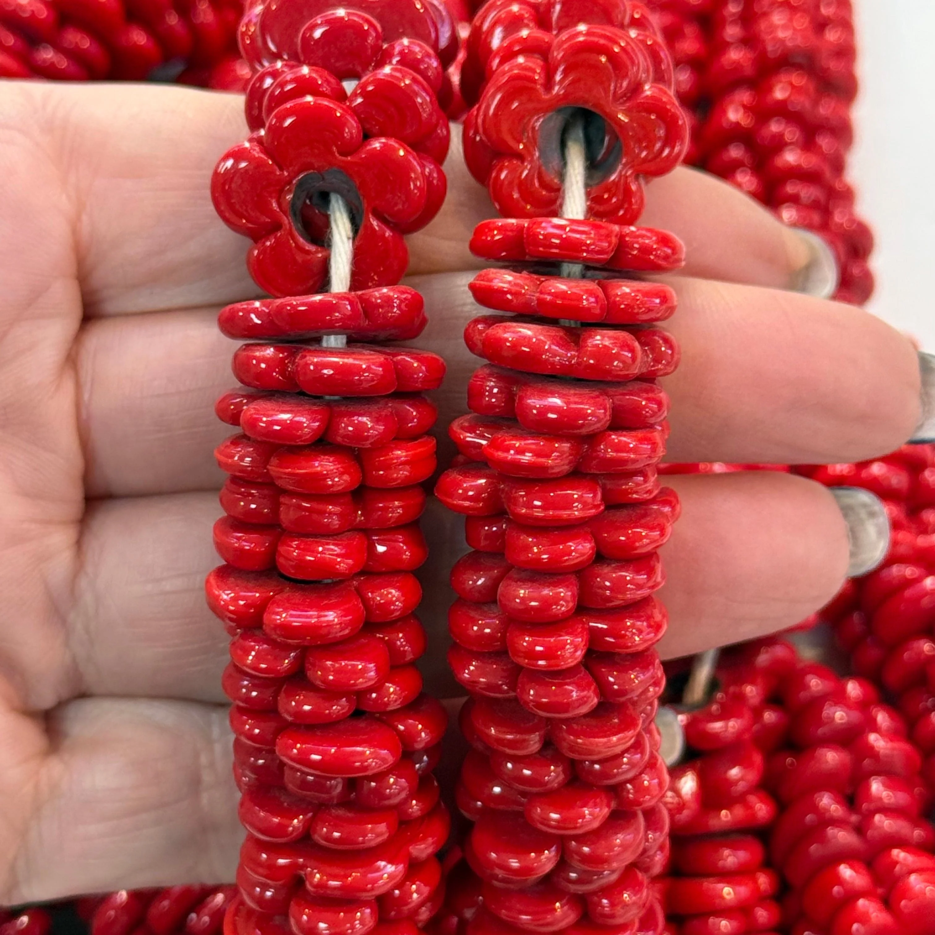 Hand Made Murano Glass Large Hole Red Flower Beads, 25 Beads in a pack