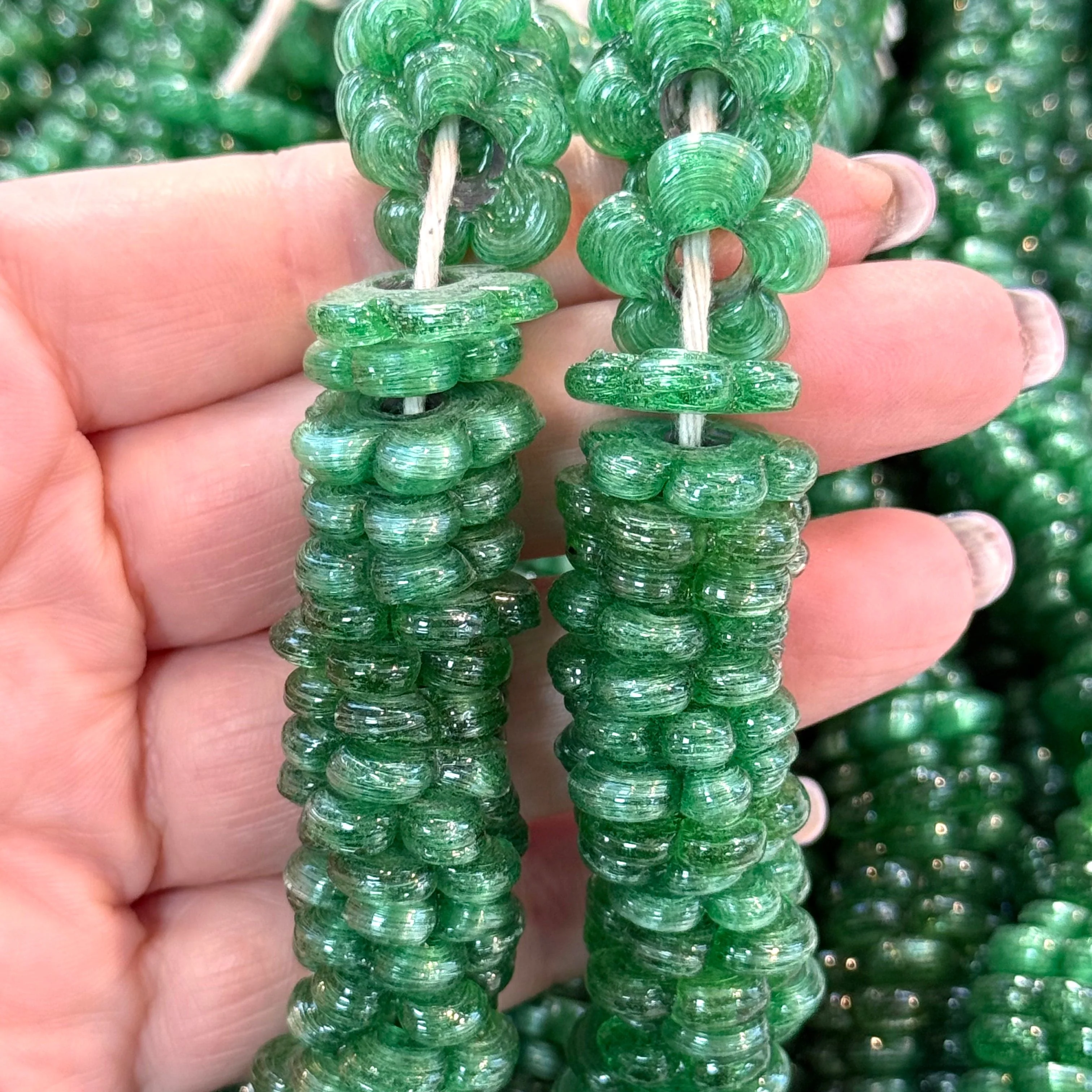 Hand Made Murano Glass Large Hole Tp. Green Flower Beads, 50 Beads in a pack