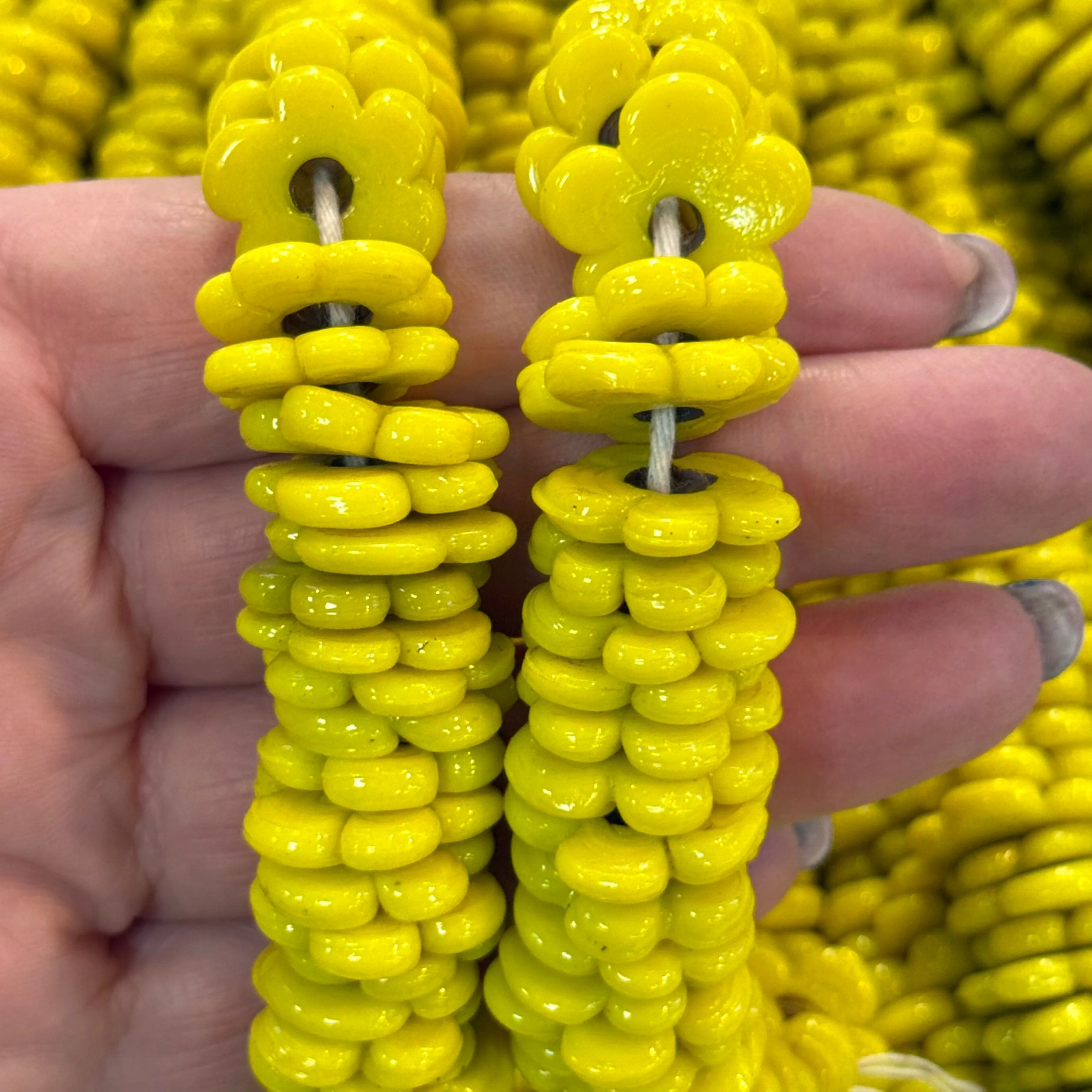 Hand Made Murano Glass Large Hole Yellow Flower Beads, 50 Beads in a pack