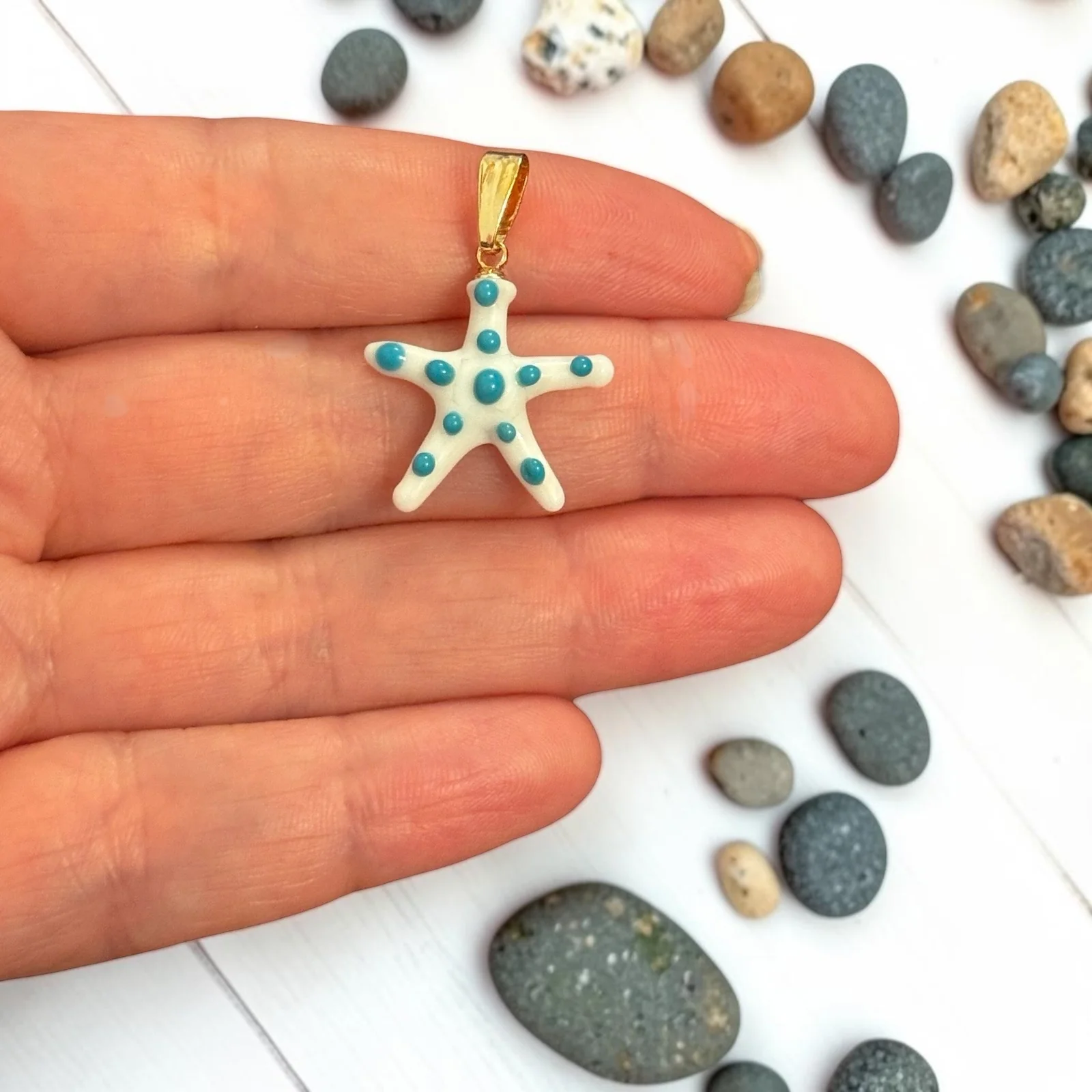 Hand Made Murano Glass White Starfish Charm with 24Kt Gold Plated Pin&Bail
