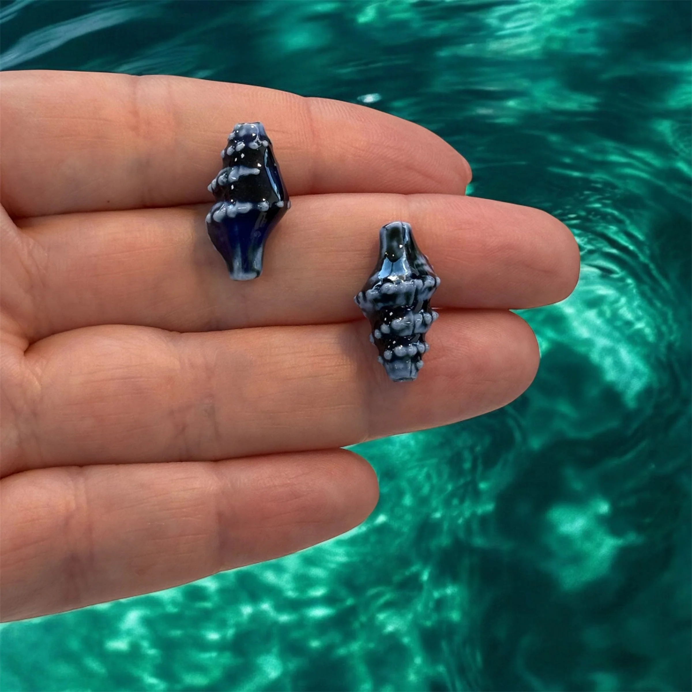 Handmade Ceramic Conch Shell Beads – Set of 2, Navy Blue