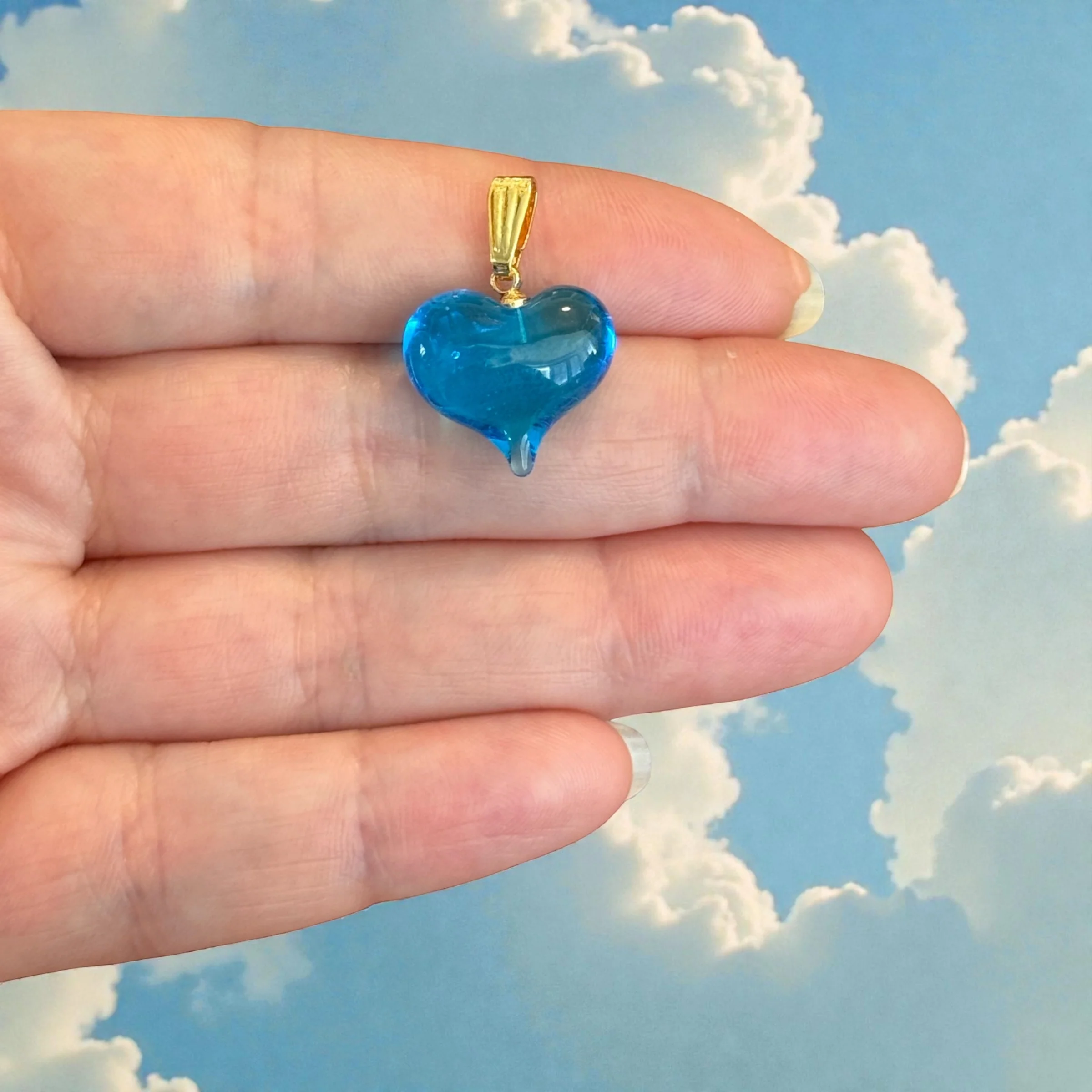 Handmade Murano Glass Heart Pendant – Deep Blue Lampwork Heart Charm with Gold Plated Bail, Puffy Glass Heart, 15x15mm