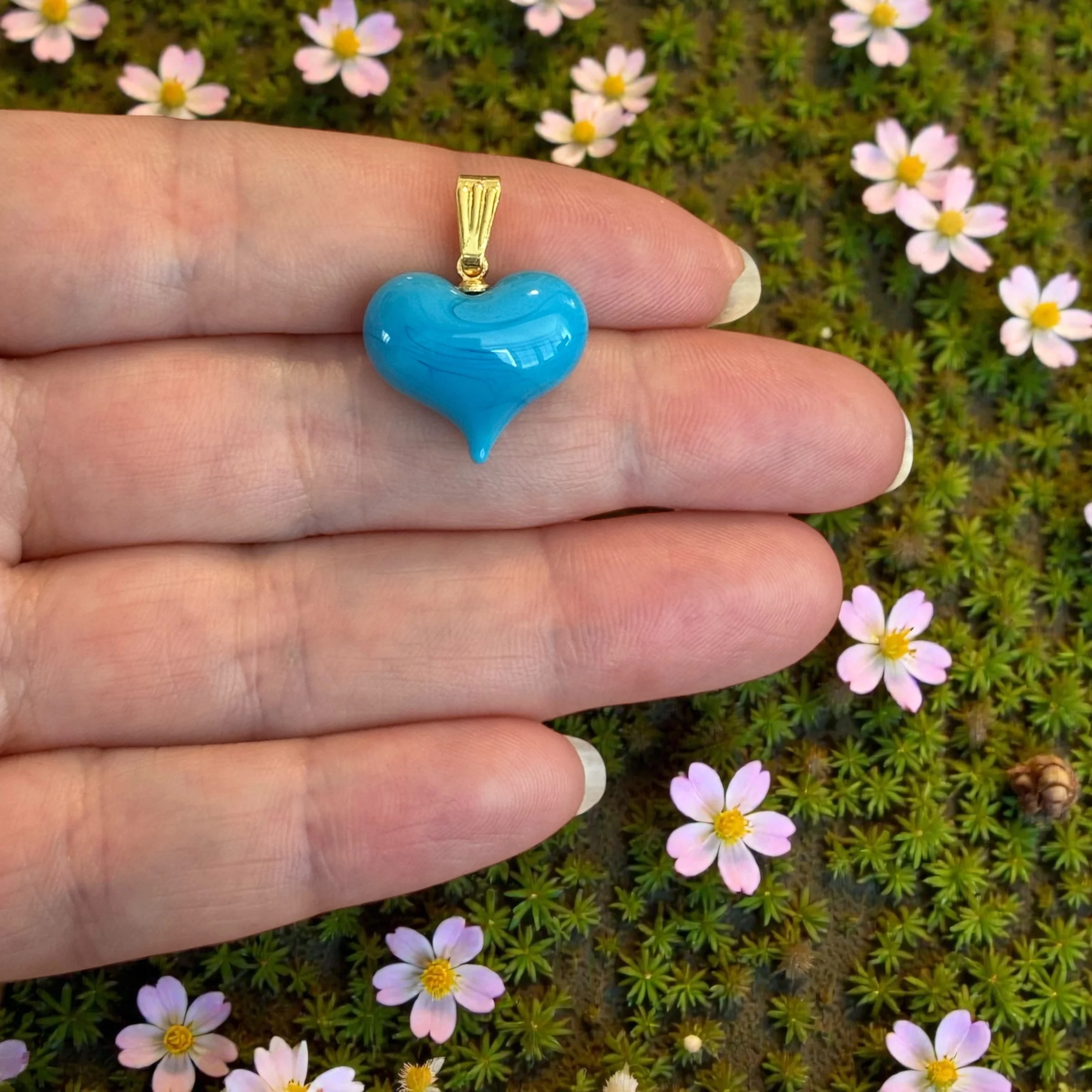 Handmade Murano Glass Heart Pendant – Turquoise Blue Lampwork Heart Charm with Gold Plated Bail, Puffy Glass Heart, 15x15mm