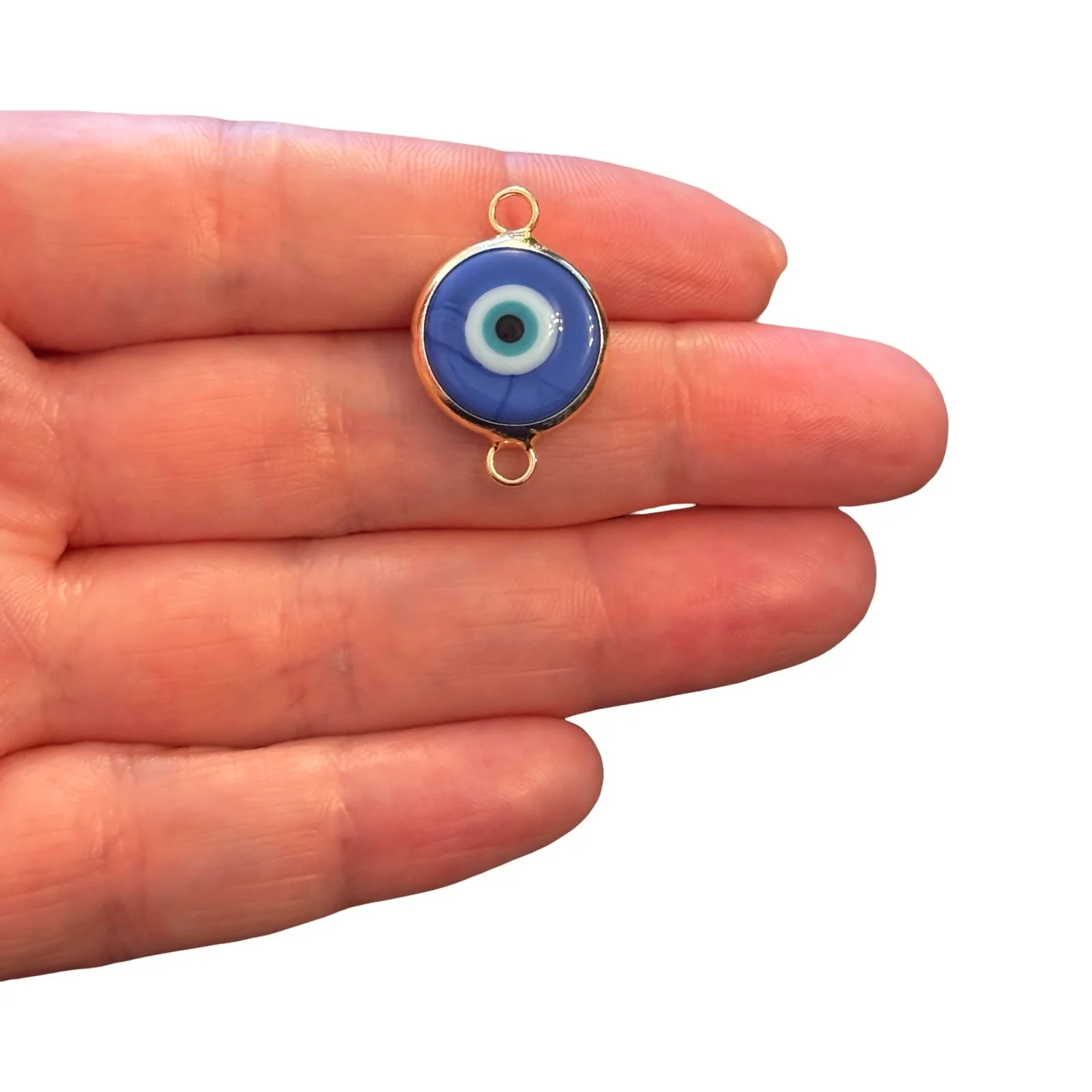 Handmade Agate Blue Murano Glass Evil Eye Connector Charm β 24Kt Gold Plated Double Loop Nazar Link, Round Glass Connector