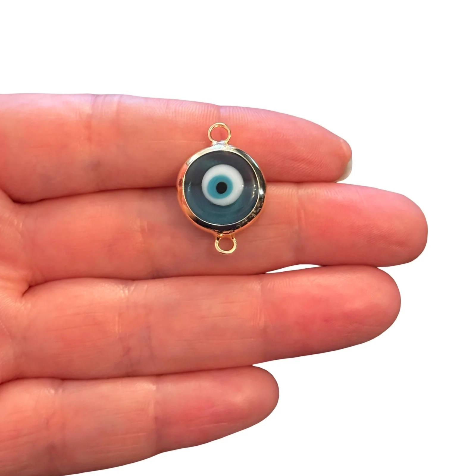 Handmade Transparent Aqua Blue Murano Glass Evil Eye Connector Charm β 24Kt Gold Plated Double Loop Nazar Link, Round Glass Connector
