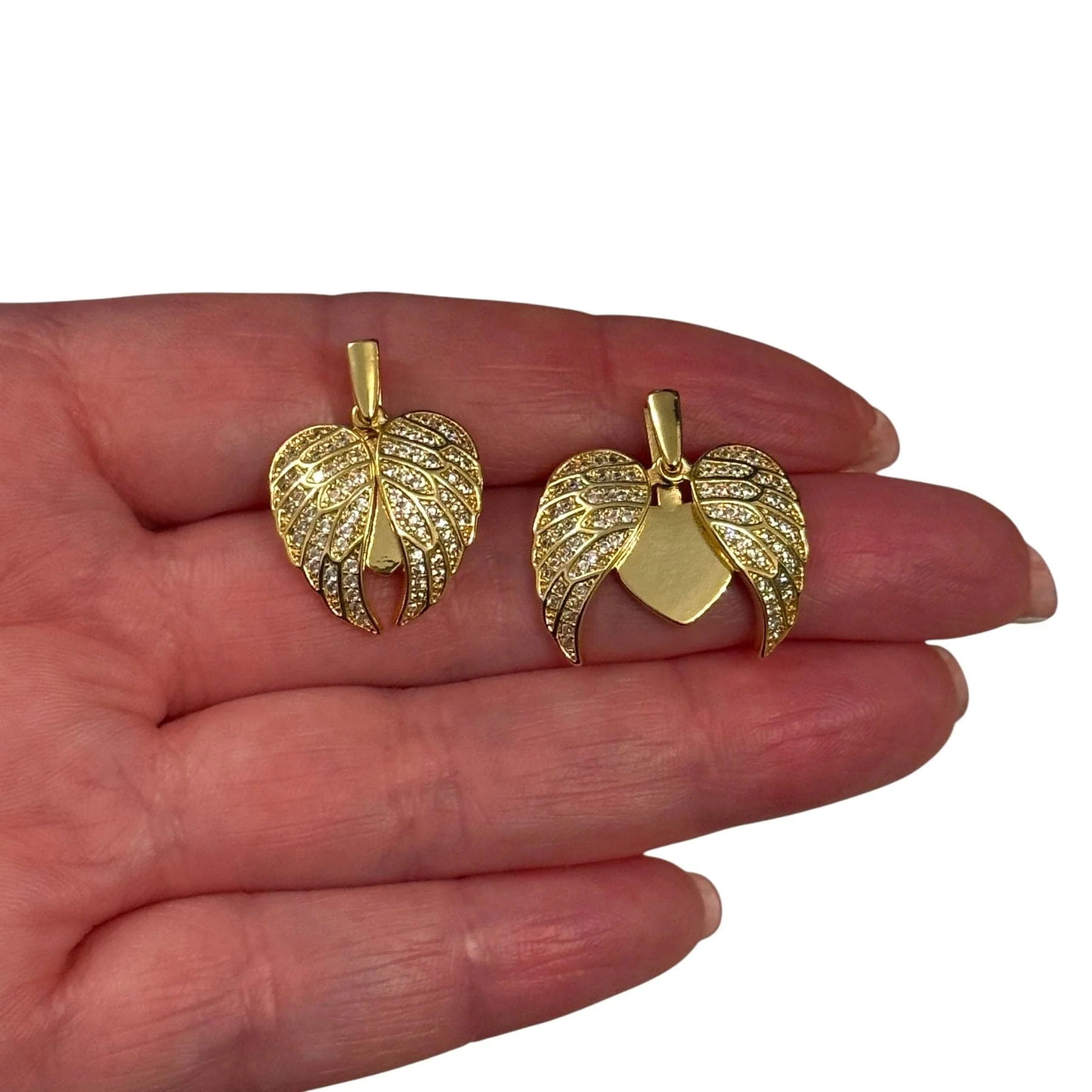 Swinging Angel Wings Heart Waterproof 24Kt Gold Plated Stainless Steel CZ Pendant With Attached Bail