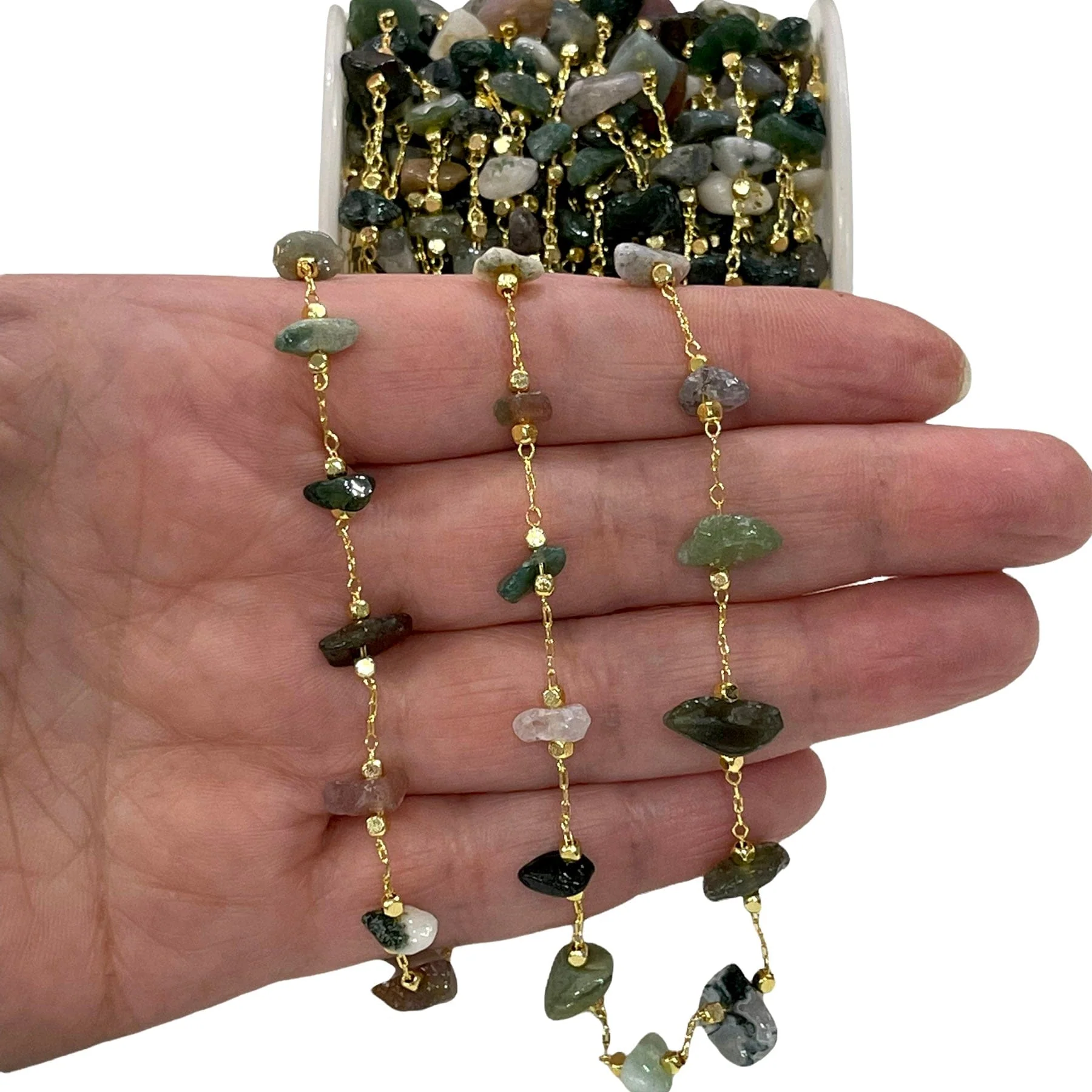 Indian Agate Rosary Chain, 24Kt Gold Plated Gemstone Chain,