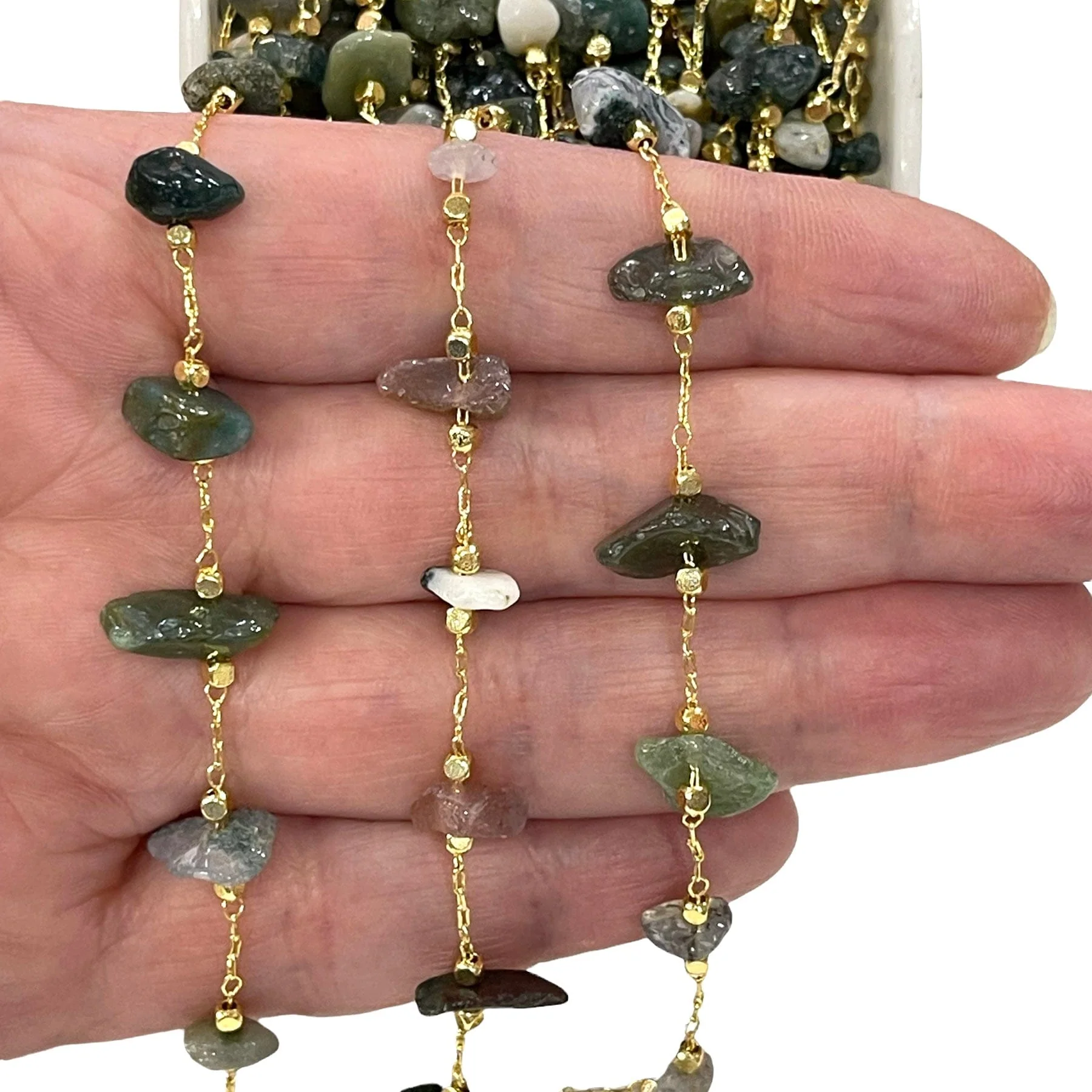 Indian Agate Rosary Chain, 24Kt Gold Plated Gemstone Chain, - Image 3