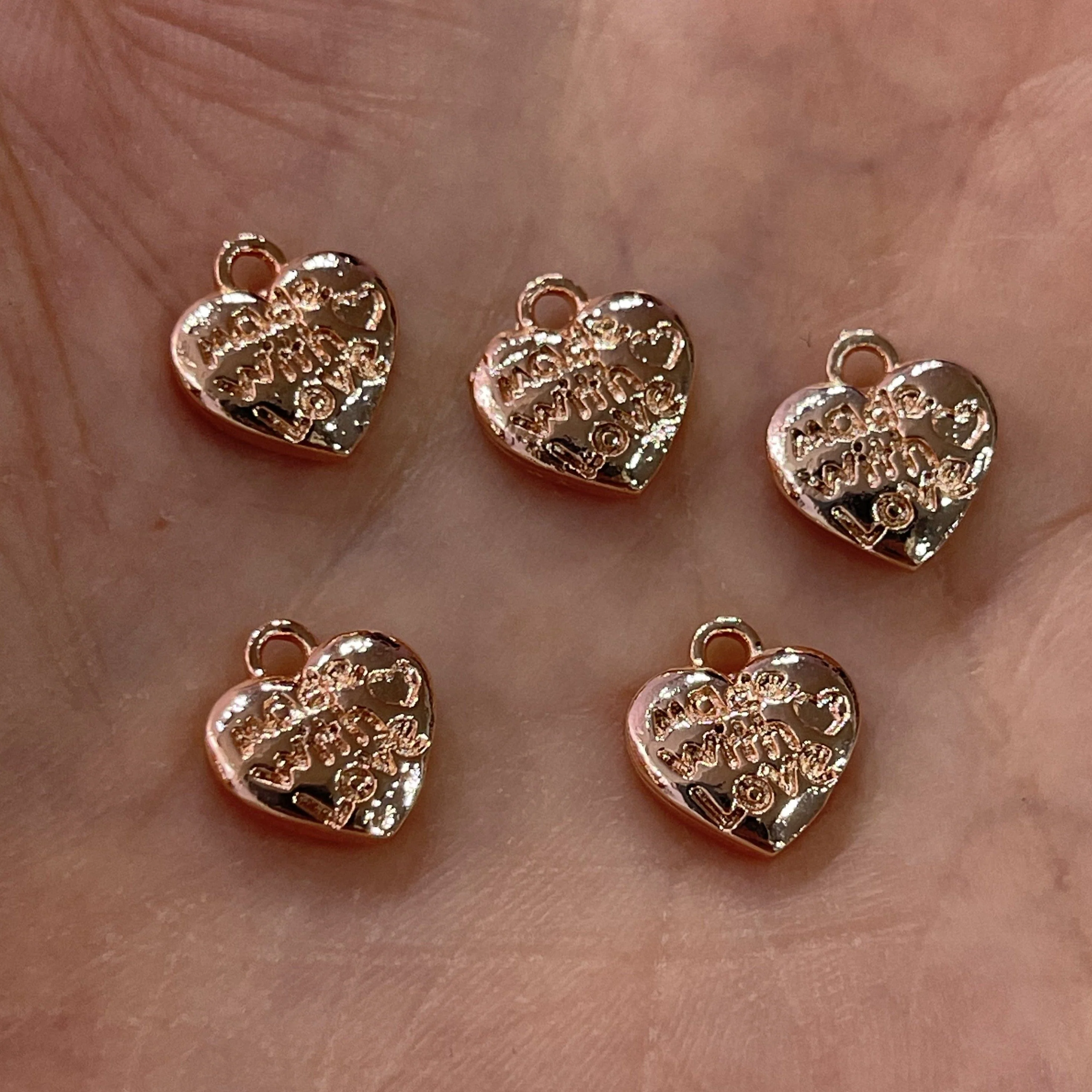 Made With Love Heart Charms, Rose Gold Plated 10mm Made With Love Heart Charms, 10 pcs in a pack
