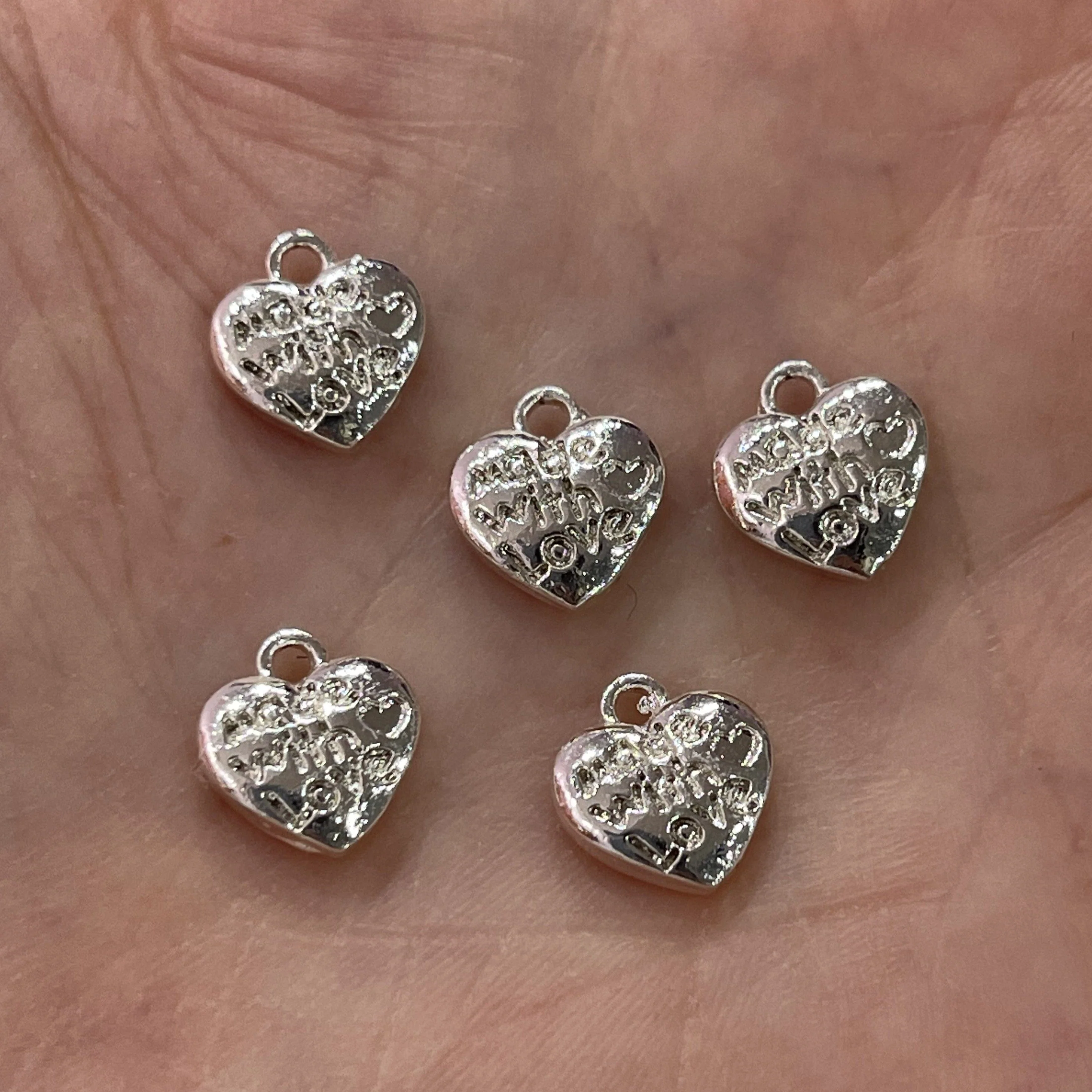 Made With Love Heart Charms, Silver Plated 10mm Made With Love Heart Charms, 10 pcs in a pack