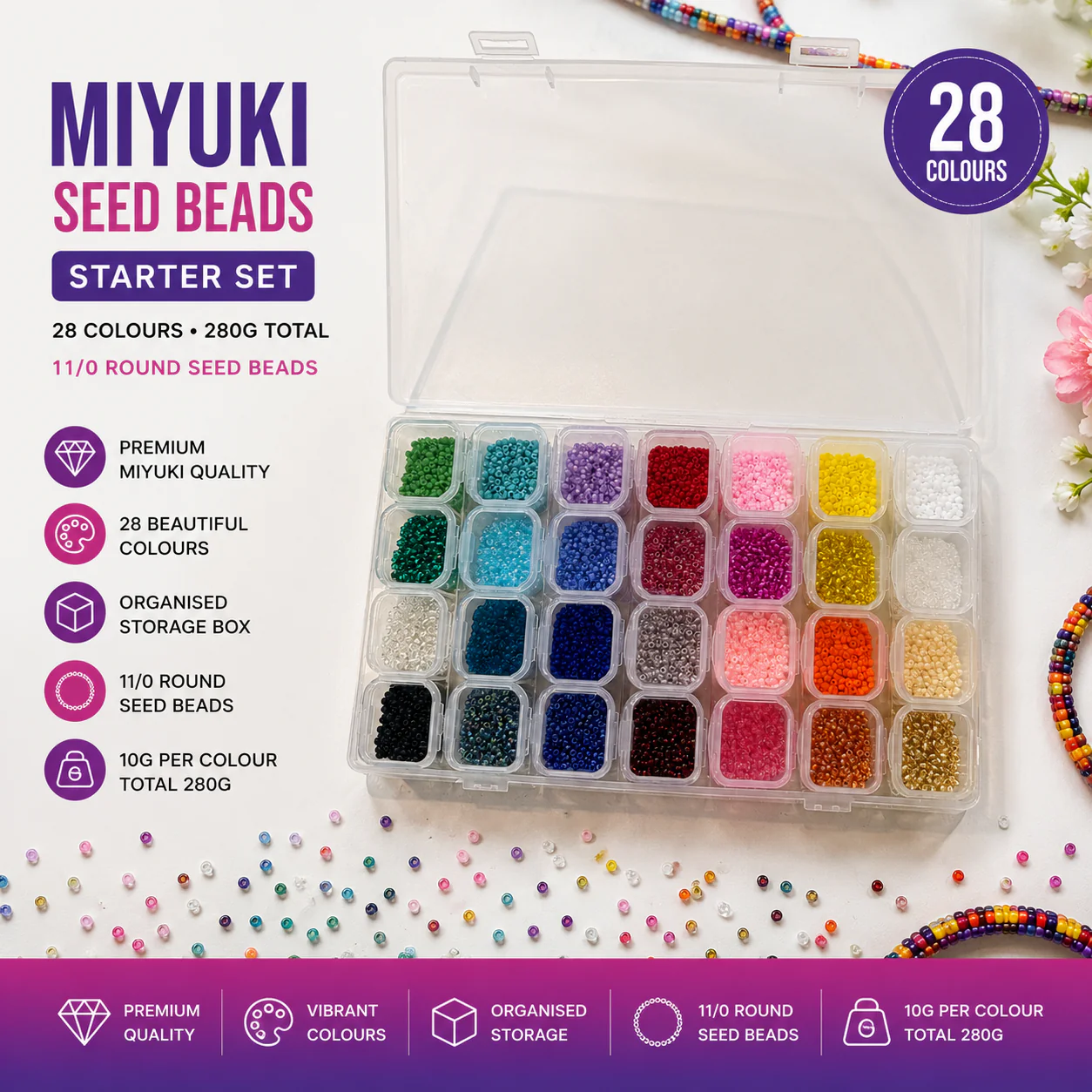 Miyuki Seed Beads Starter Set, 28 Colours 280 Gr 11/0 Round Seed Beads