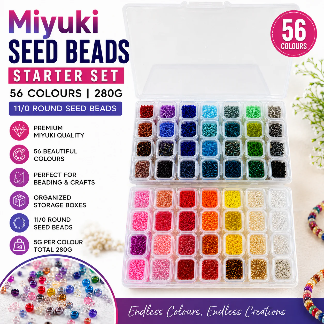 Miyuki Seed Beads Starter Set, 56 Colours 280 Gr 11/0 Round Seed Beads, Container