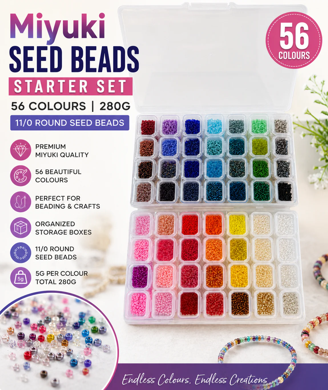 Miyuki Seed Beads Starter Set, 56 Colours 280 Gr 11/0 Round Seed Beads, Container - Image 2