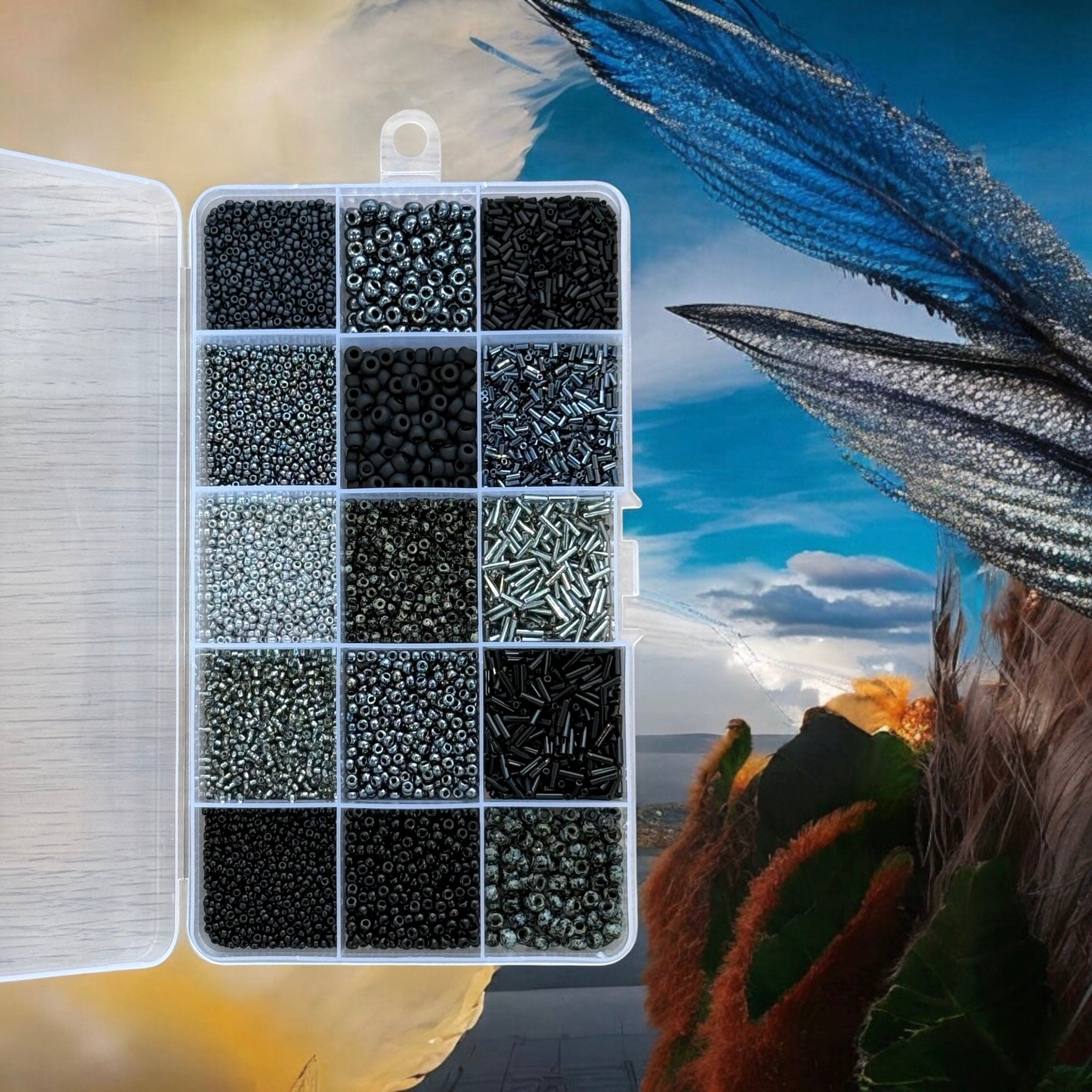 Miyuki Monochrome Elegance Set β Black, Grey & Gunmetal Beads & Bugles in Organizer Box 15 Colors